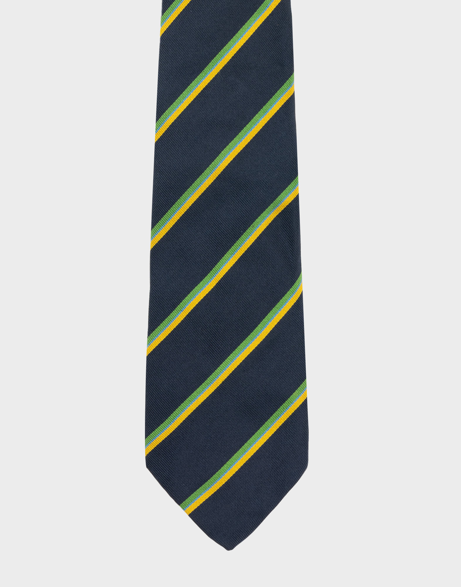 blue marinella silk tie with green, yellow and blue diagonal stripes geometric pattern