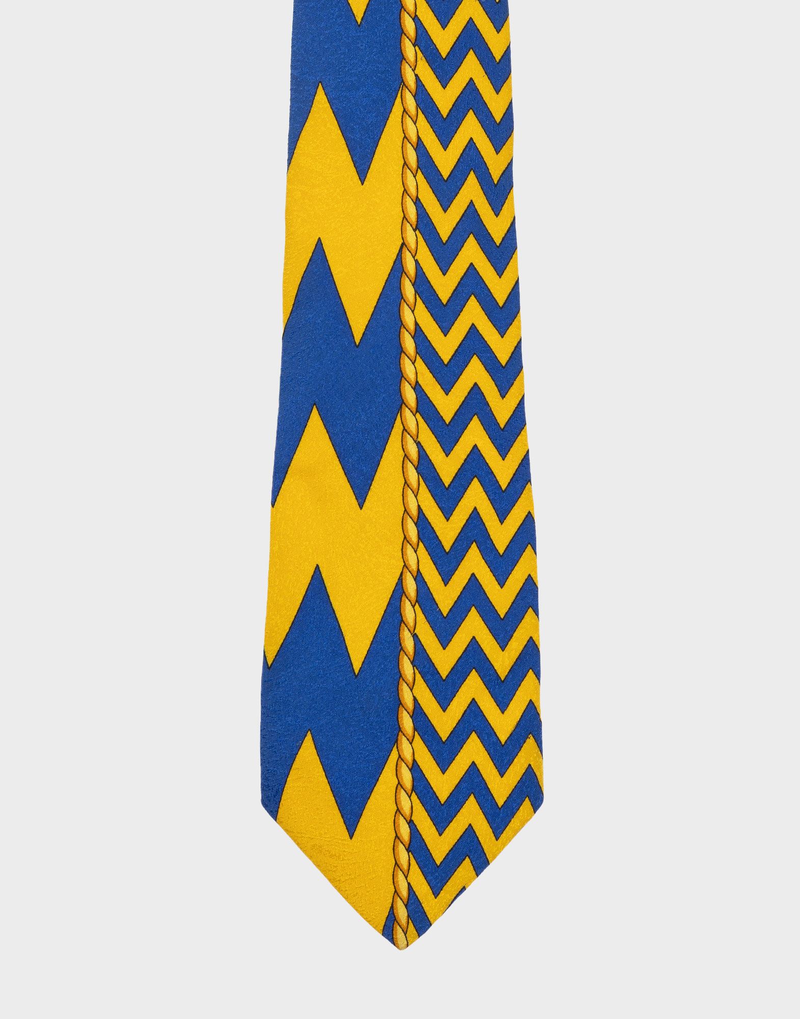 men's versus silk tie with blue and yellow geometric pattern