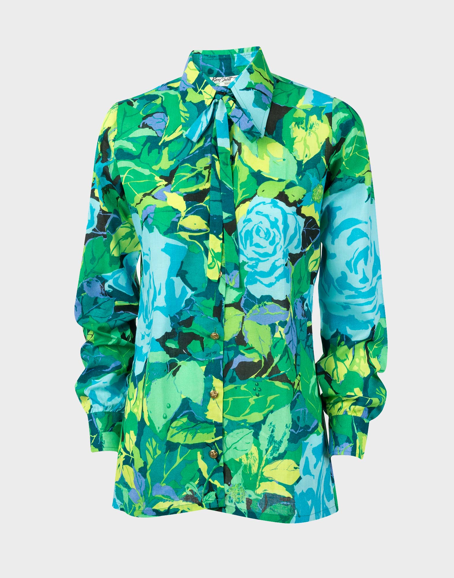 women's long-sleeved shirt with blue and green floral pattern with bow at collar