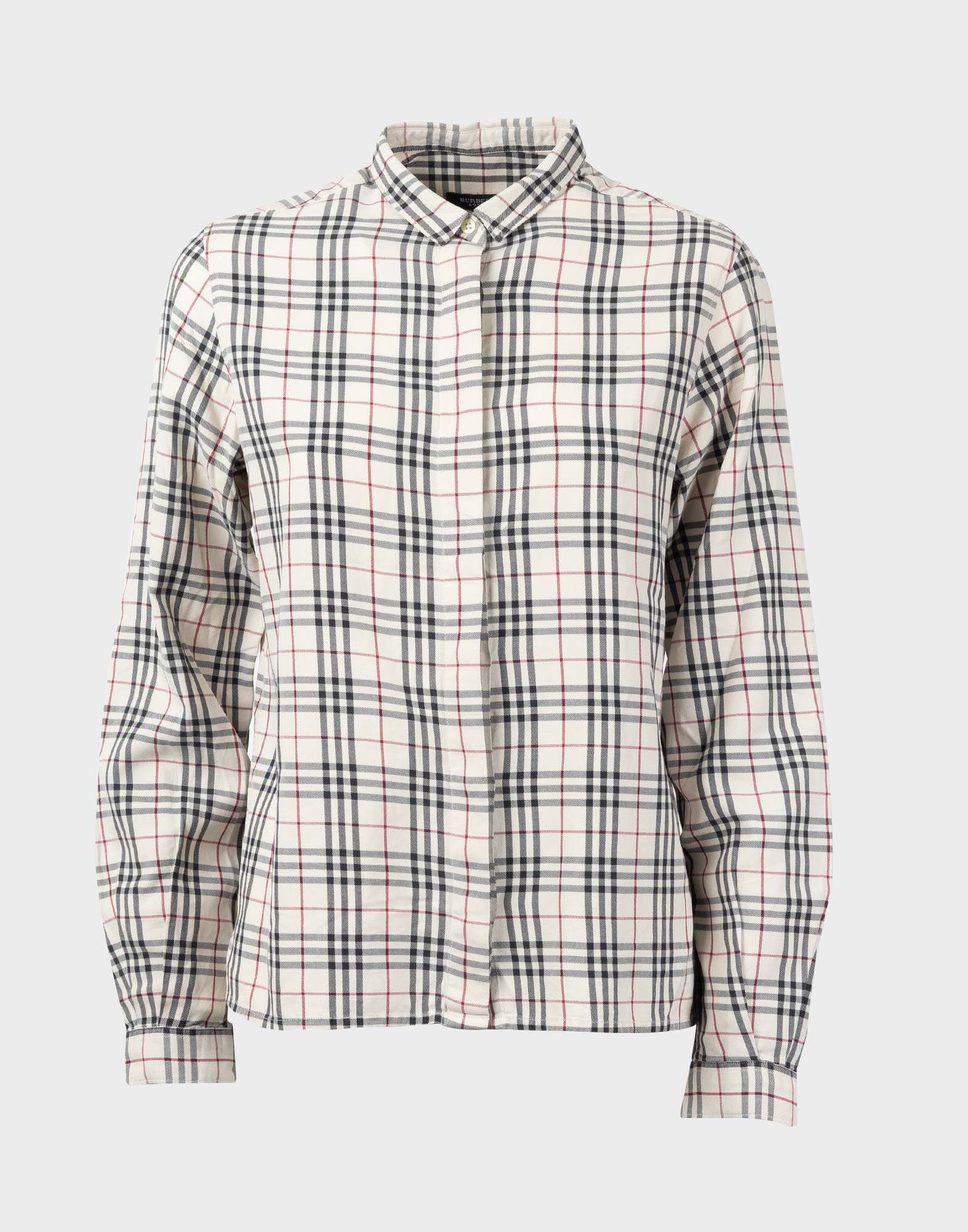 beige women's shirt with checked pattern, long sleeves and concealed button fastening