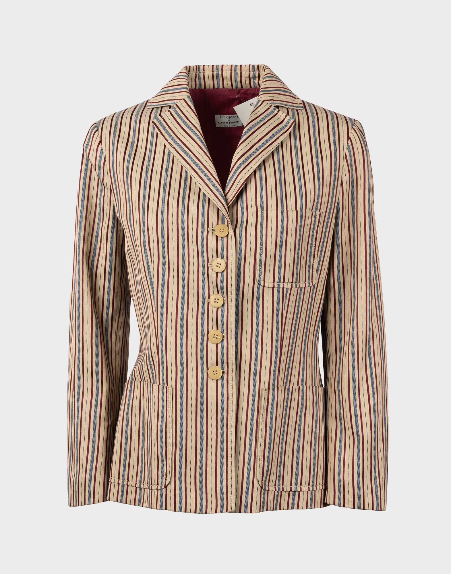 Beige women's jacket with vertical stripes, featuring a front button closure.