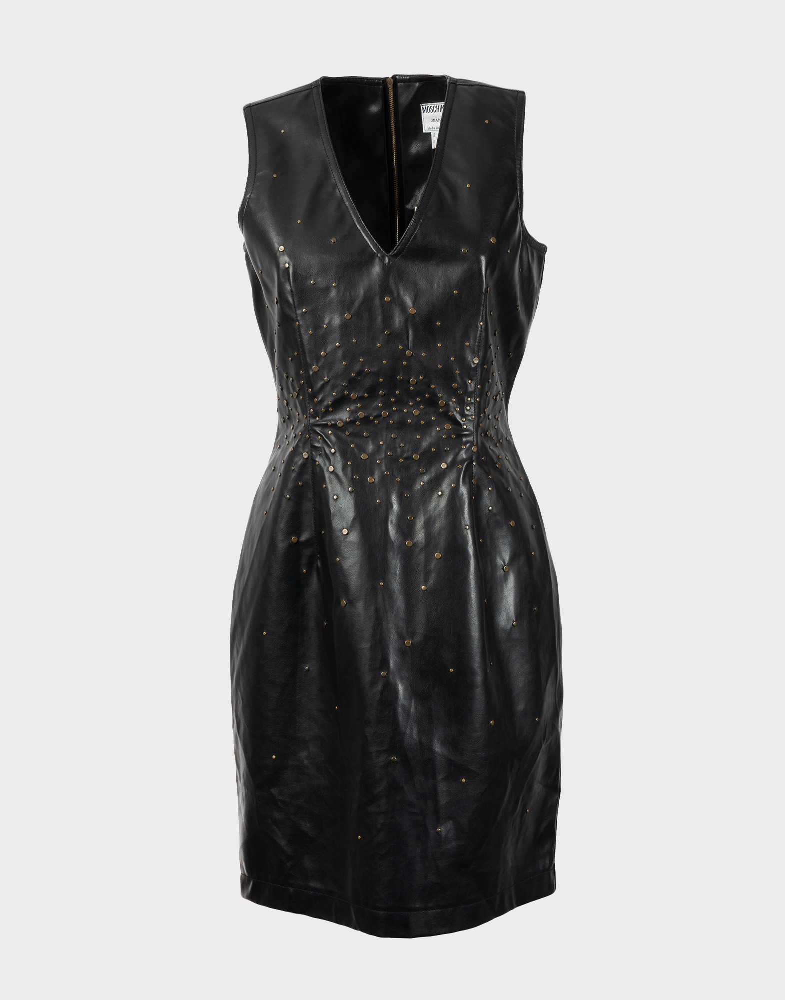 black moschino pvc sleeveless v-neck dress with studded appliqués