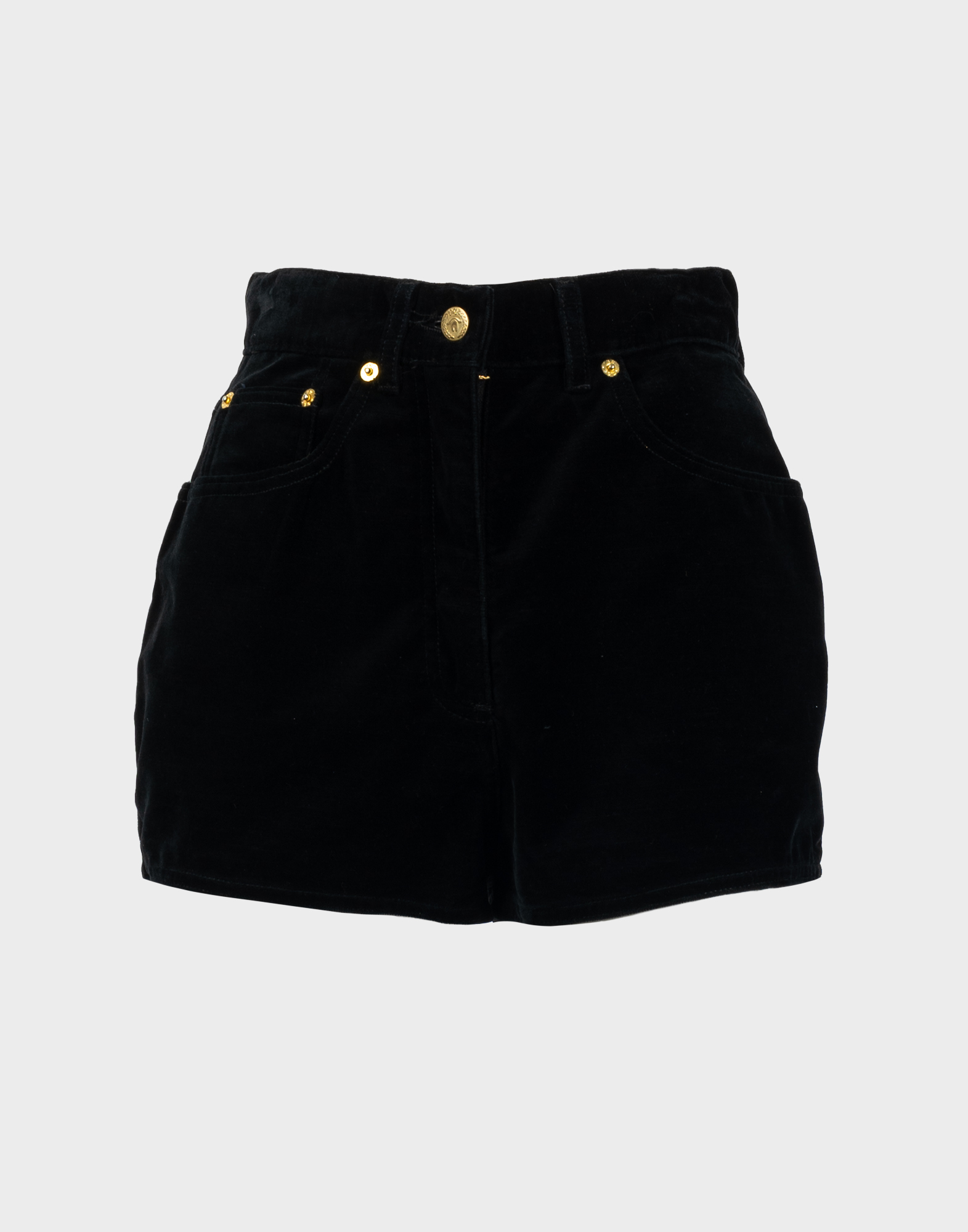 women's high-waisted black velvet shorts with gold buttons