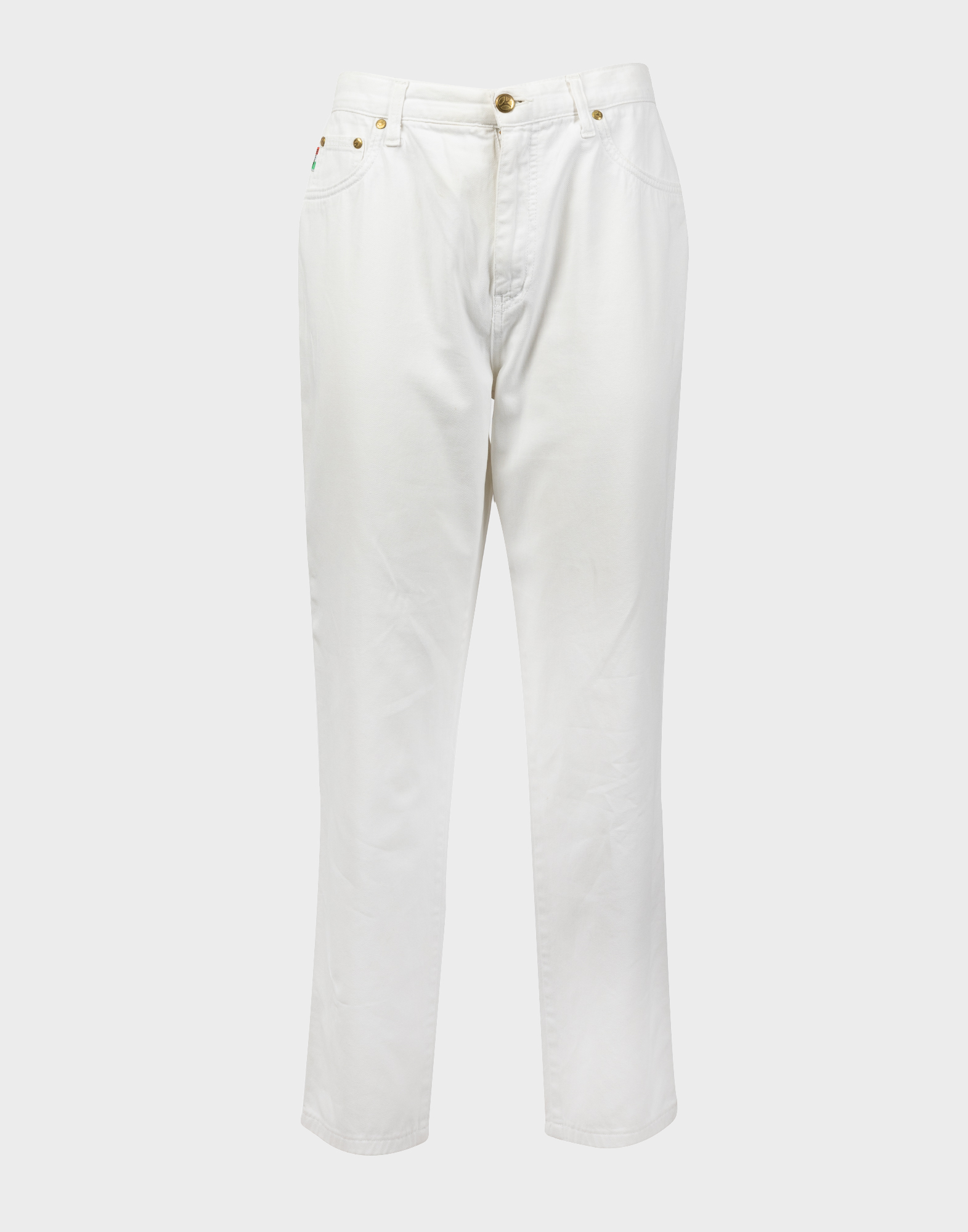 white high-waisted women's cotton trousers with gold-coloured front button fastening