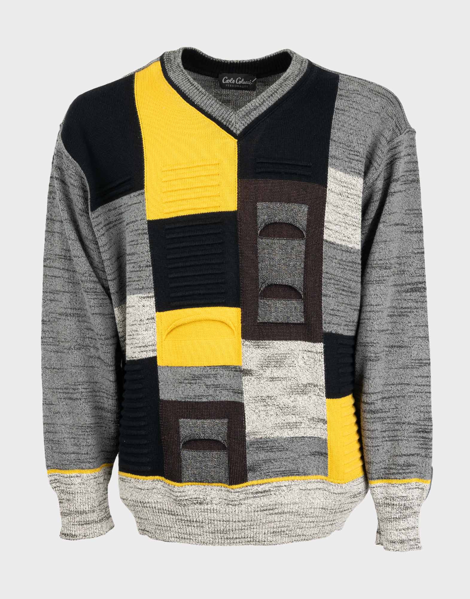 grey, black and yellow coloured men's V-neck jumper