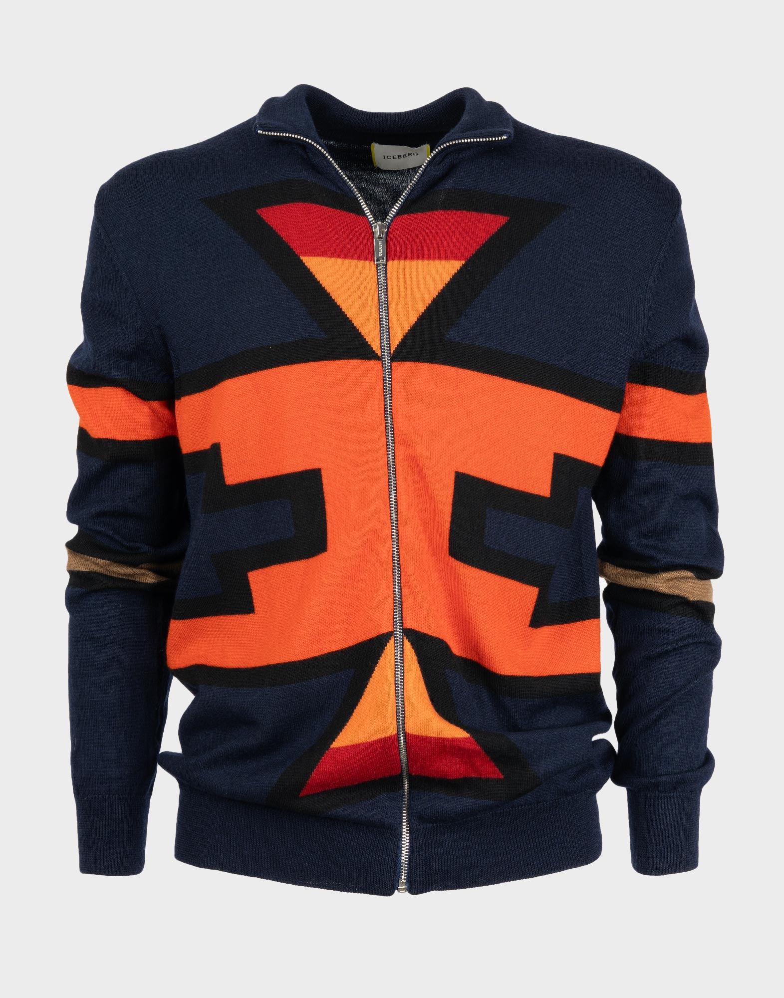 iceberg men's cardigan with blue background and orange geometric pattern. front zip fastener