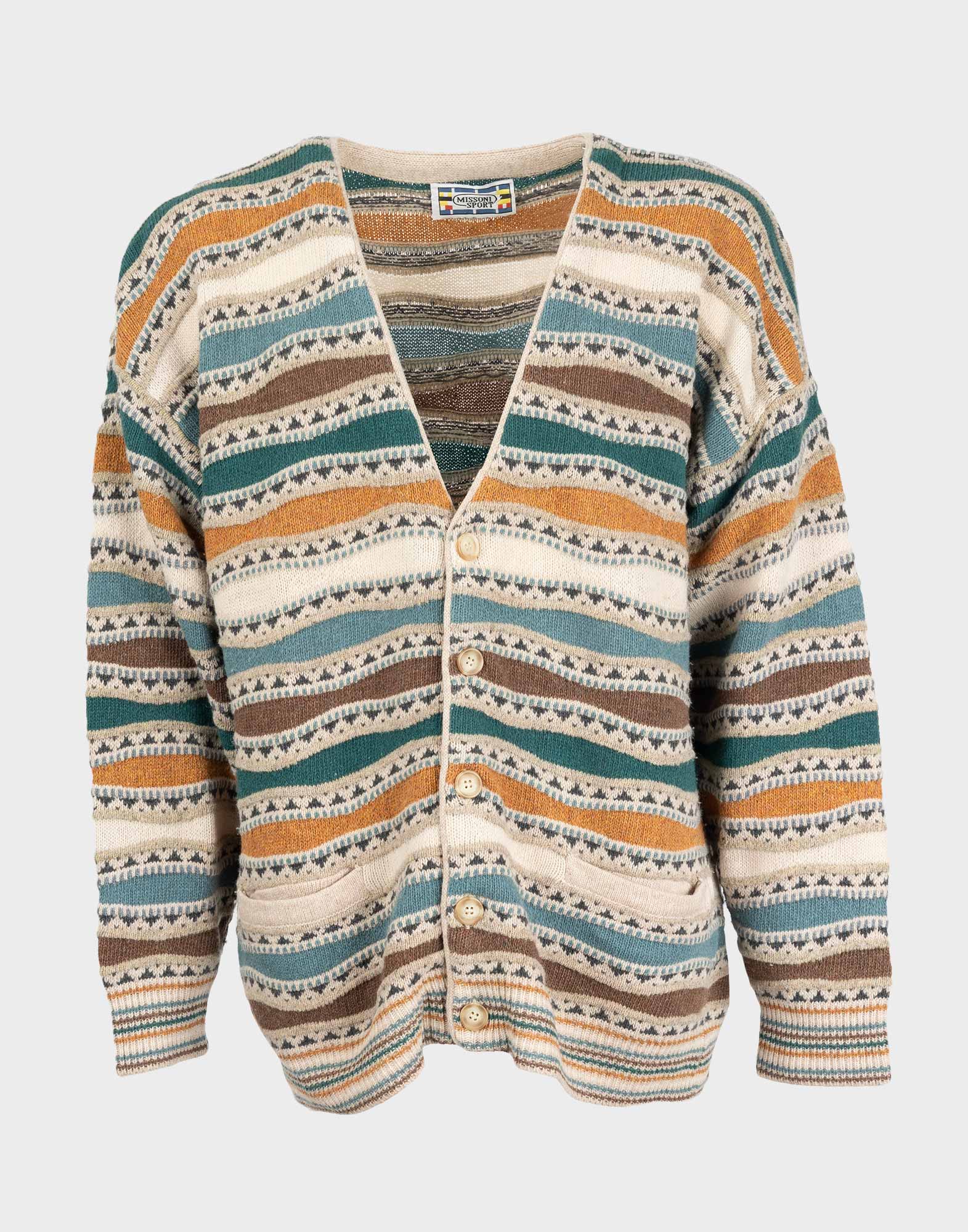 Men's Missoni Sport cardigan in cotton with colorful pattern, V-neck, and front button closure in beige.