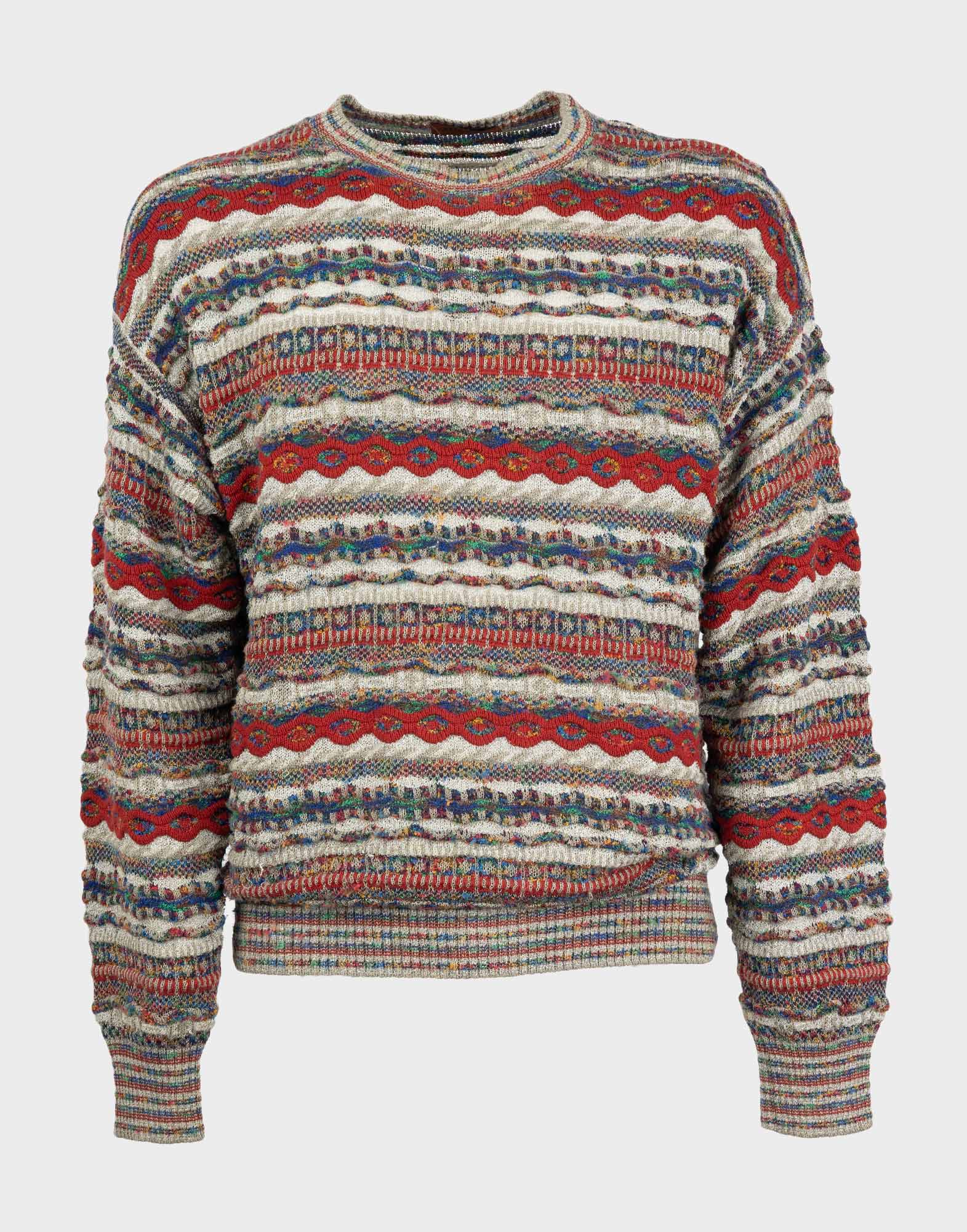 Men's wool and cotton sweater by Missoni in beige and multicolored with a geometric striped pattern