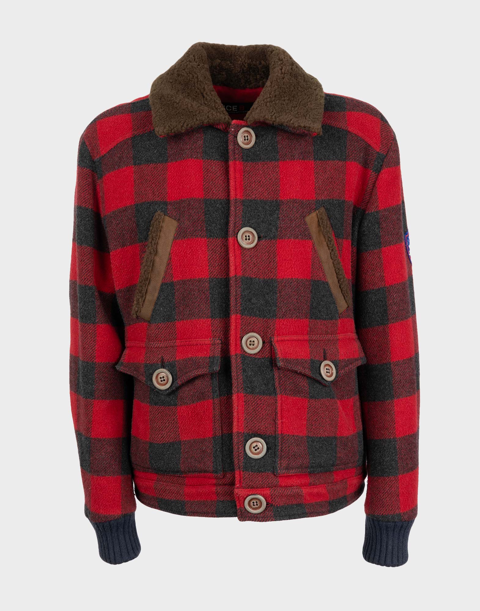 Men's wool jacket with a red and black check pattern, featuring a brown faux fur collar.