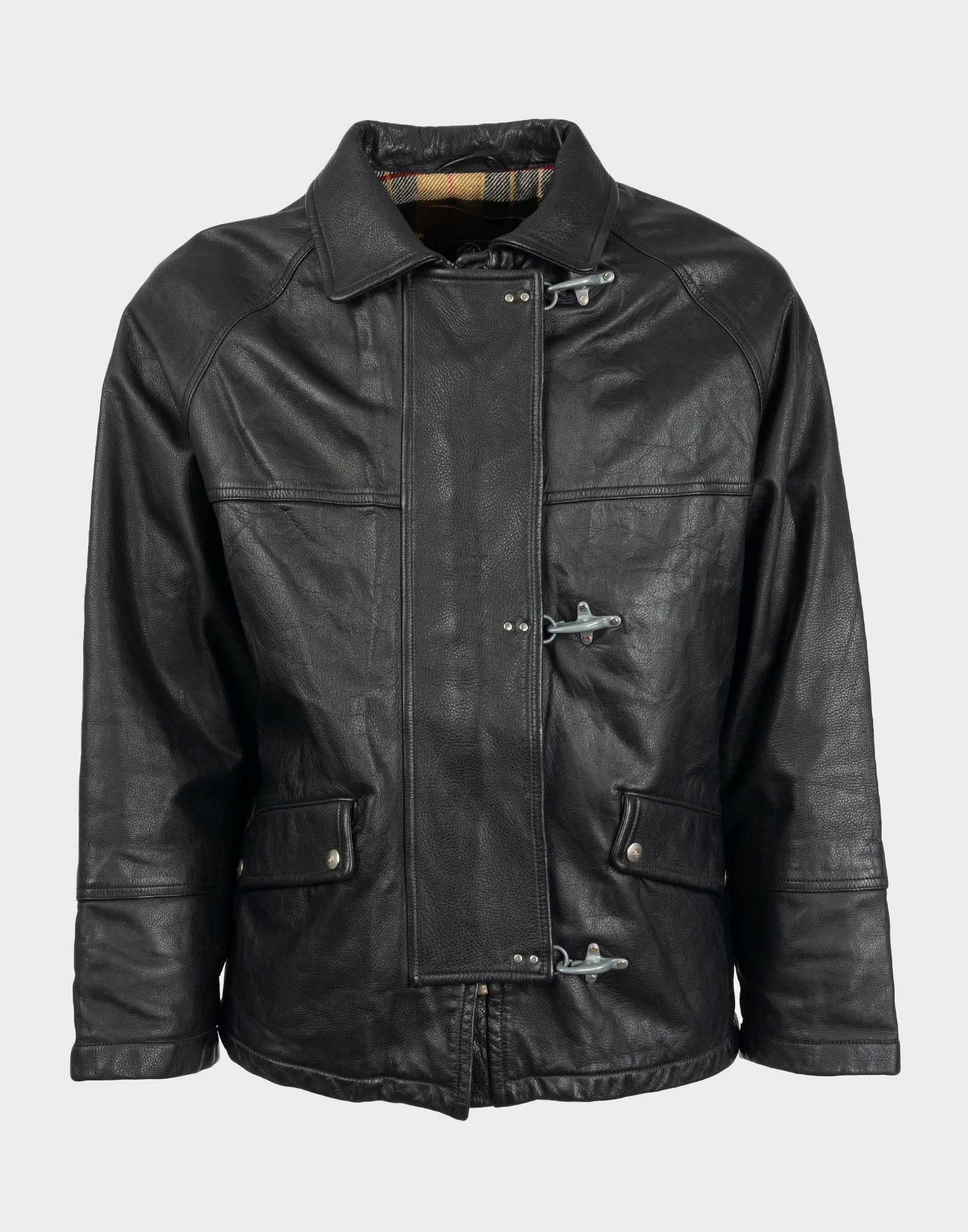 Black leather men's jacket by Fay, featuring two front pockets with buttons and a hook closure.