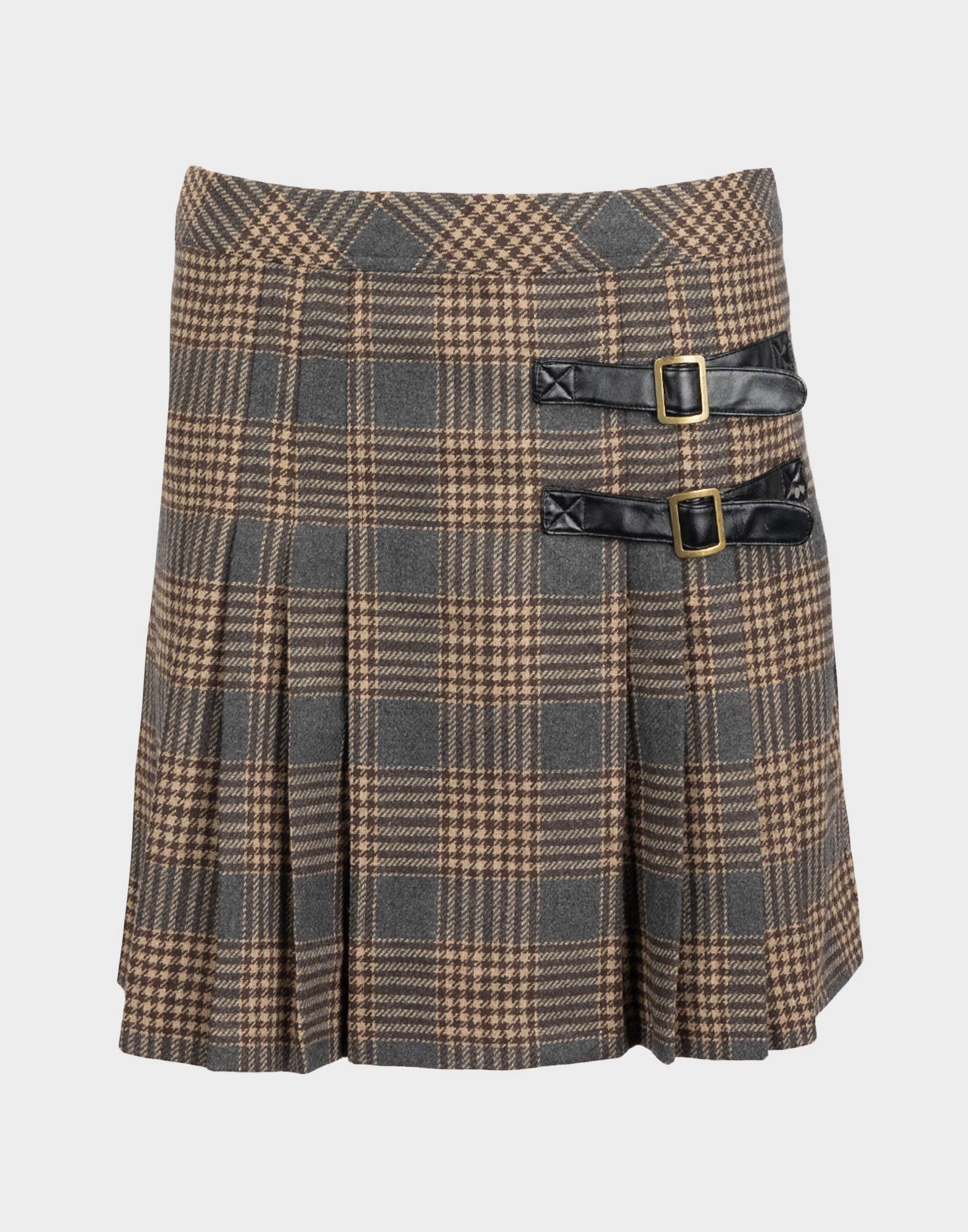 brown and grey pleated tartan miniskirt with black buckles on the side