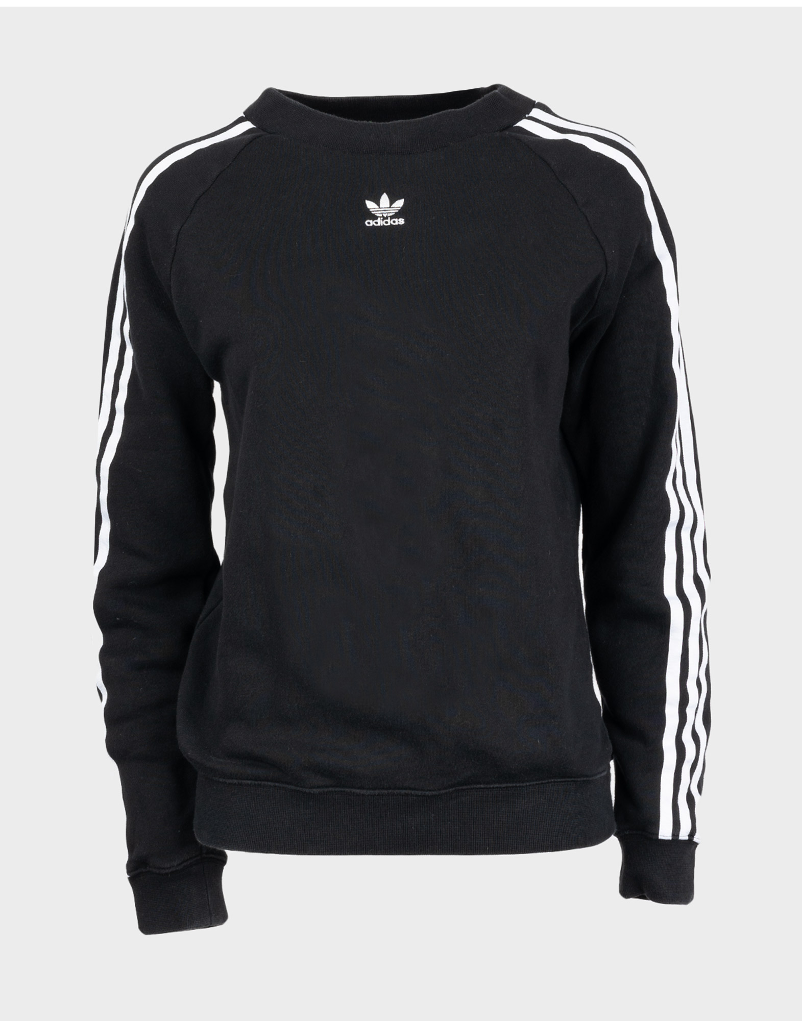 adidas ladies' black sweatshirt with white stripes on the sleeves and embroidered logo on the front