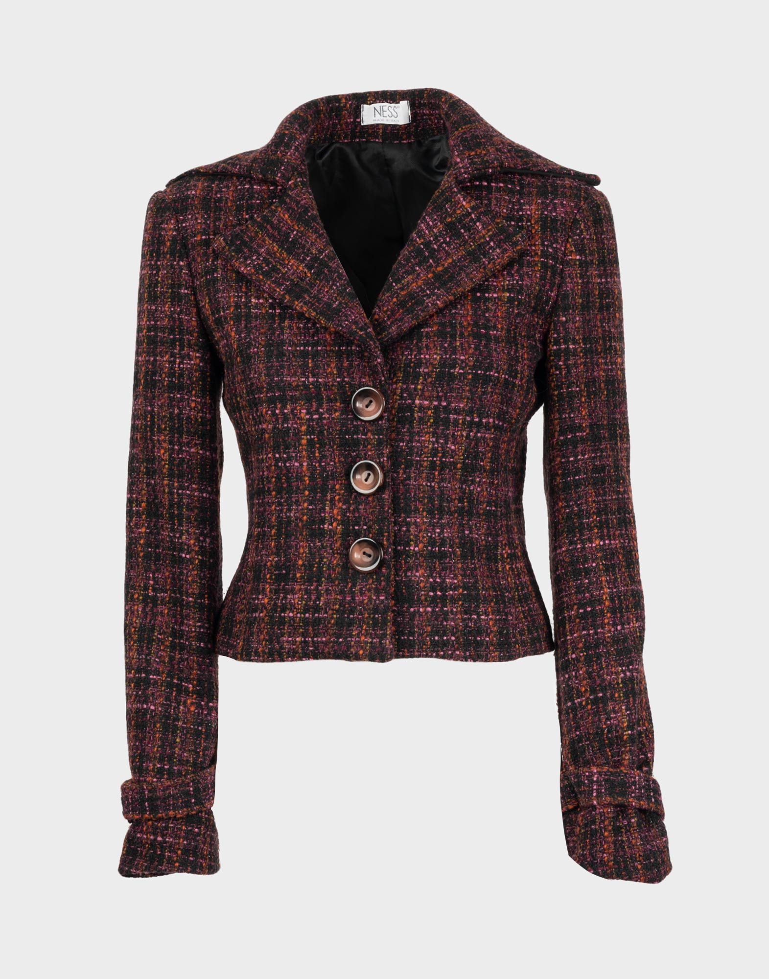 long-sleeved purple tartan patterned women's winter jacket with three buttons