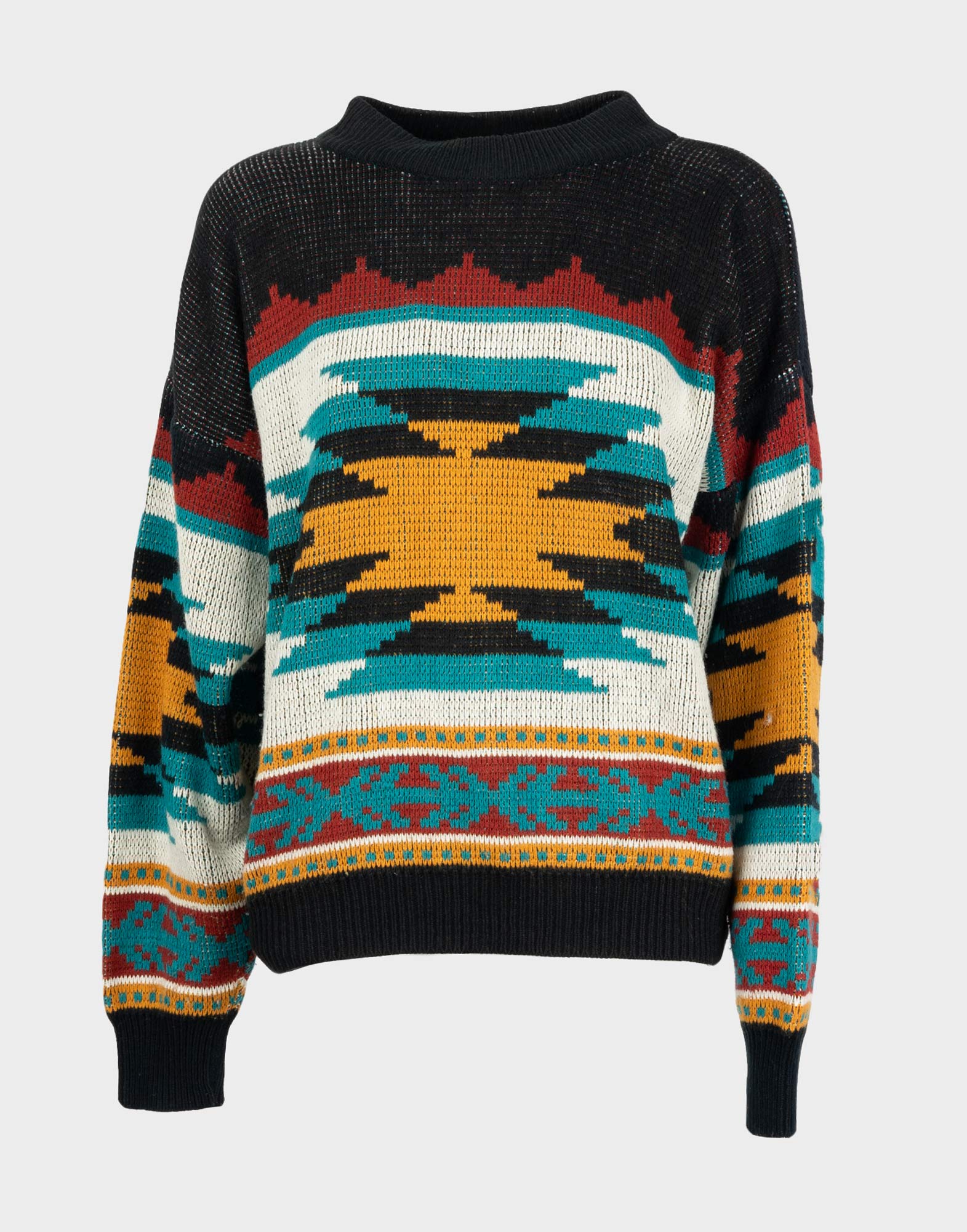 black women's jumper with multicoloured geometric pattern