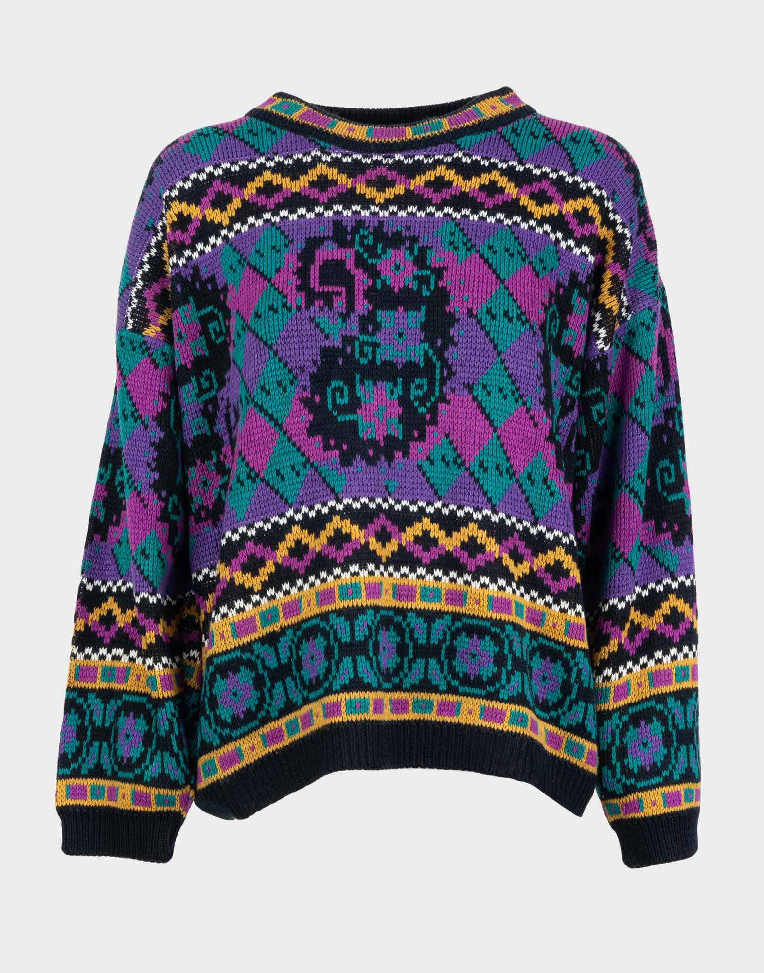 women's crew-neck jumper with multicoloured pattern purple, green, yellow