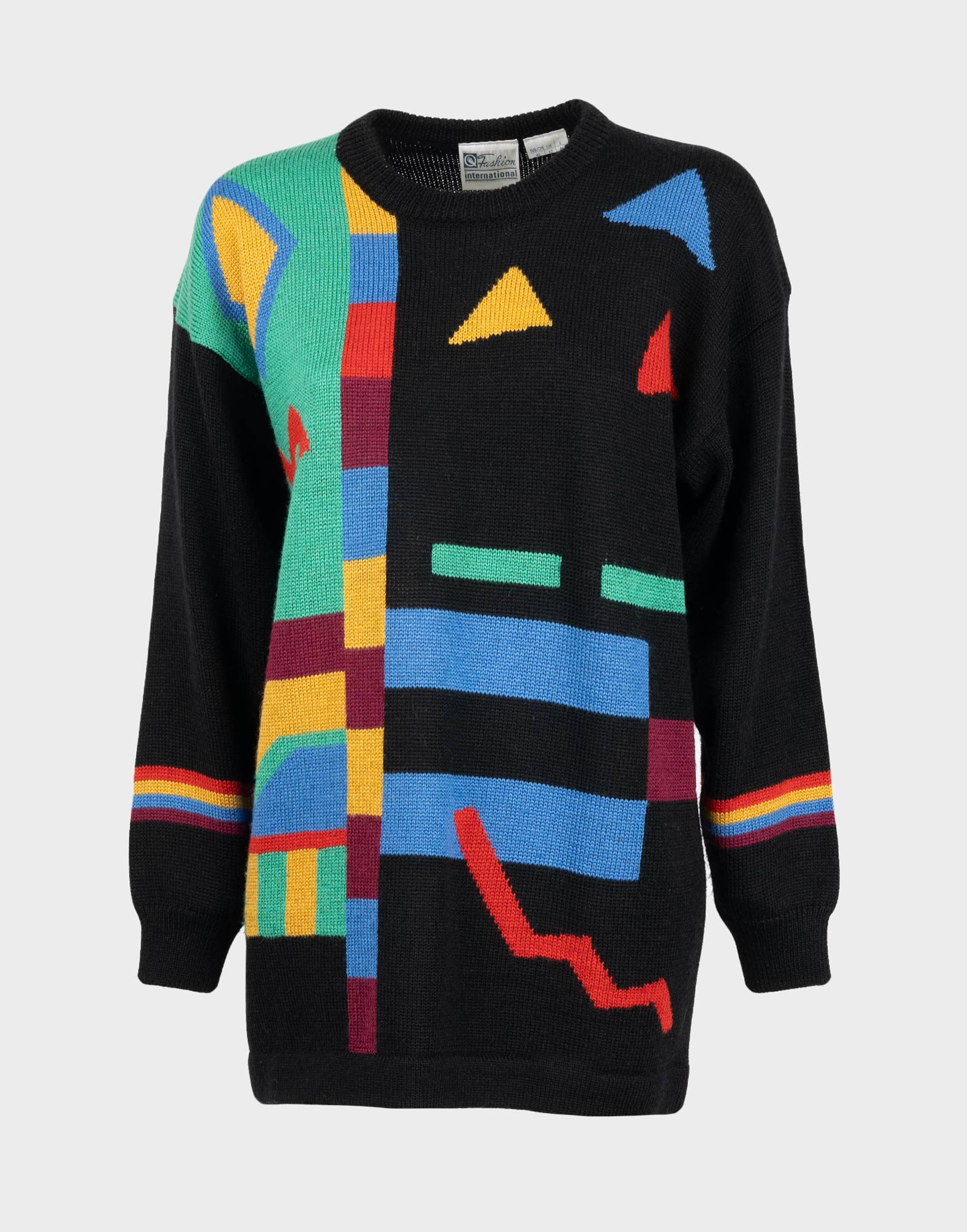 80s black women's jumper with multicoloured geometric pattern