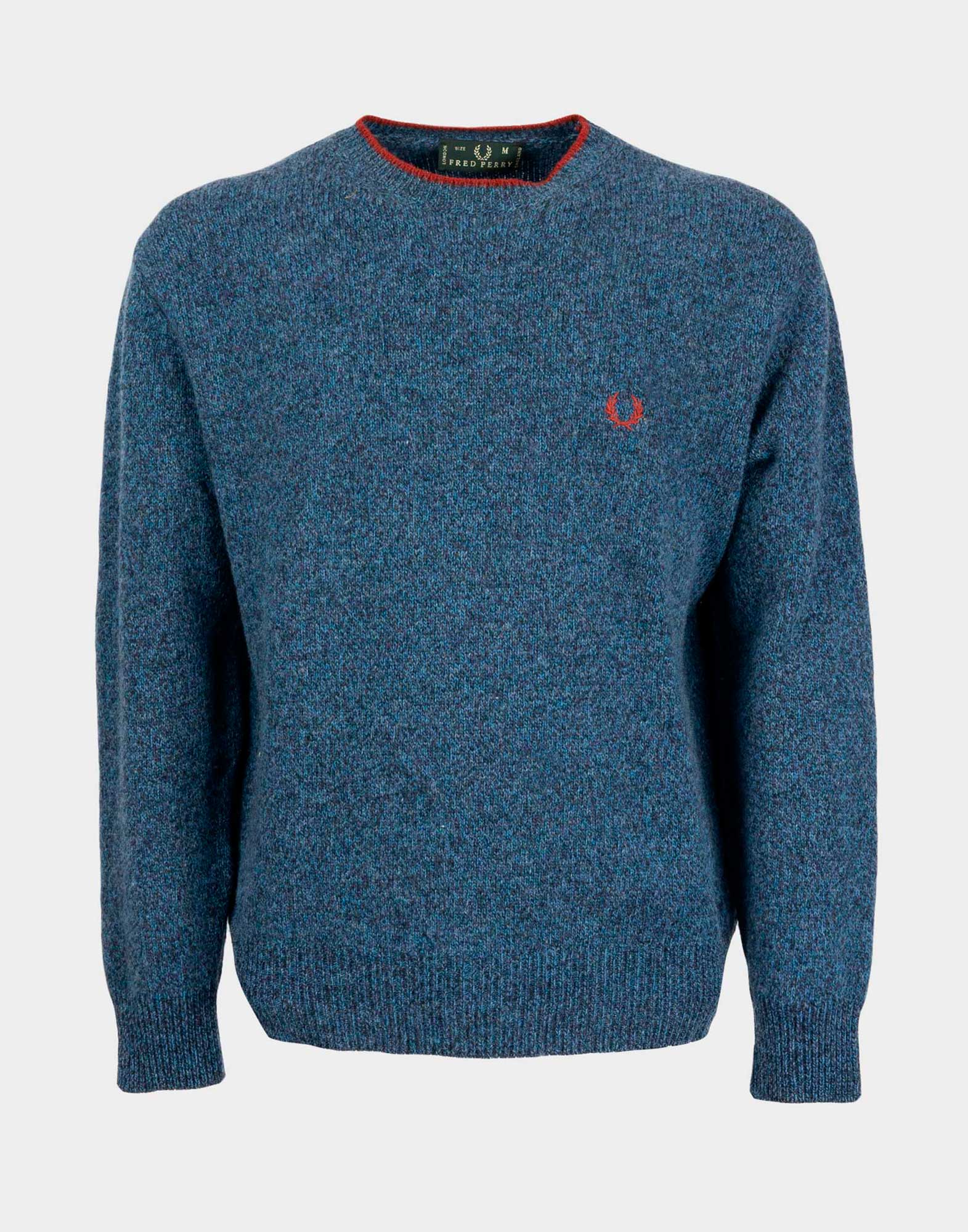 blue men's jumper with red fred perry logo embroidered on chest