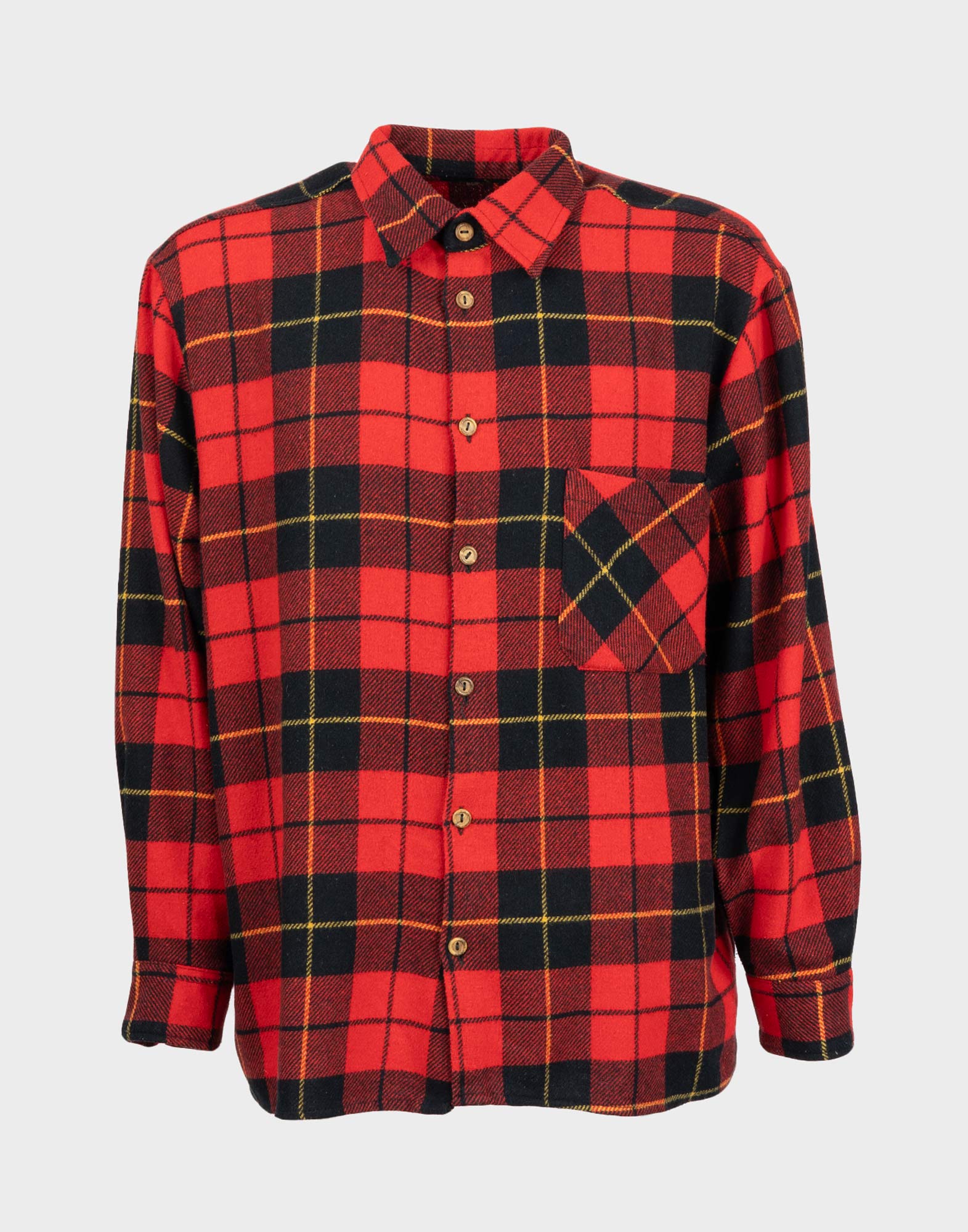 Vintage, 90's flannel shirt, tartan pattern in red, yellow and black.