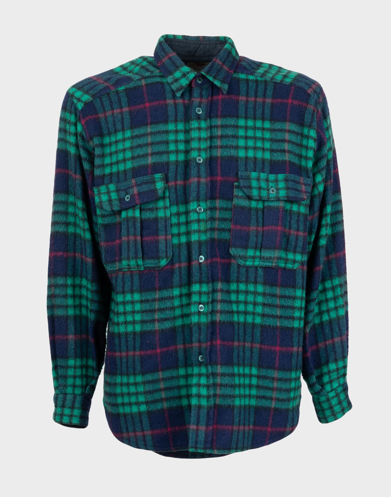 Men's long-sleeved shirt with green and blue checked pattern