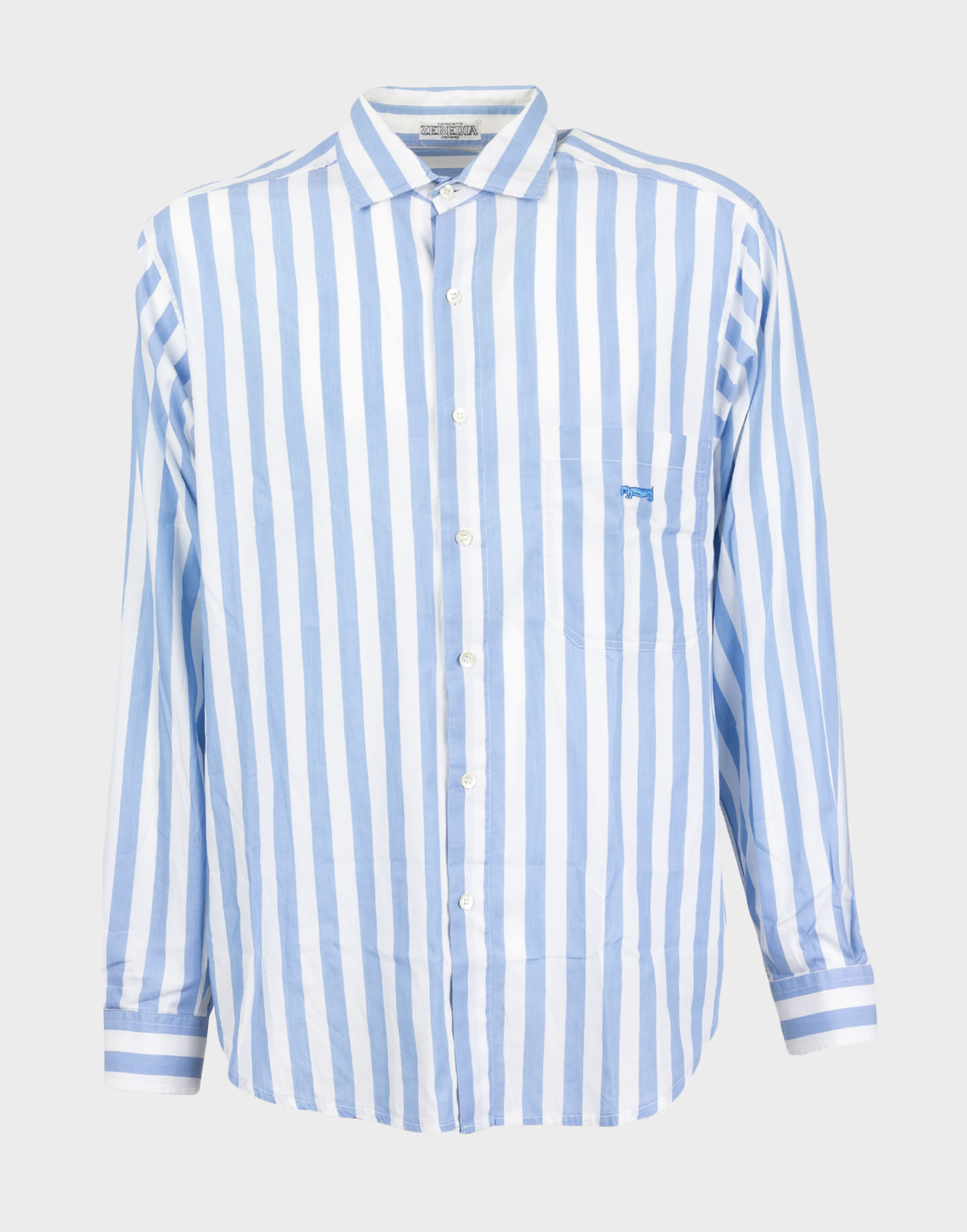 white and light blue striped men's shirt with embroidered dachshund on the front pocket