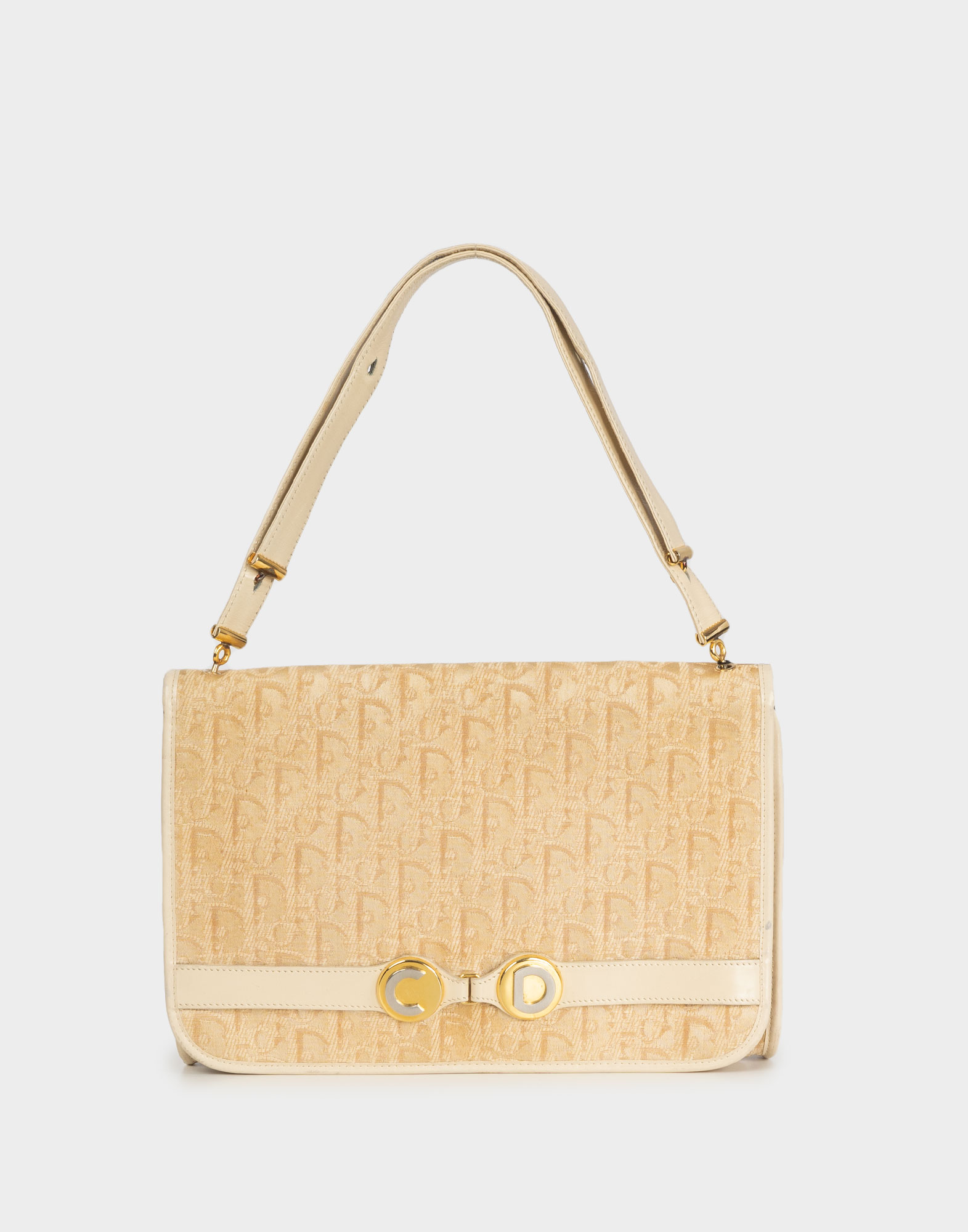 beige fabric handbag with dior monogram, beige leather shoulder strap and CD logo detailing