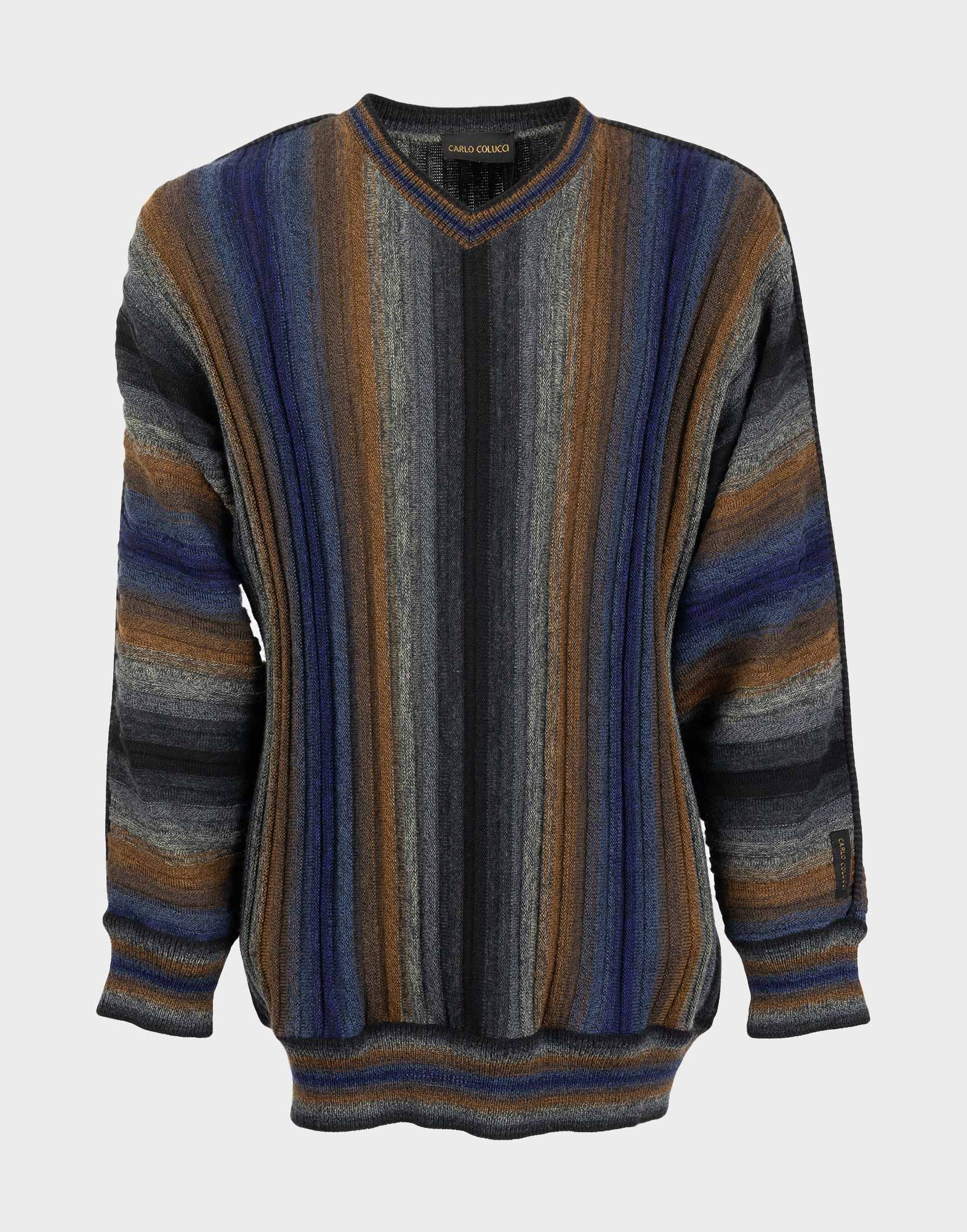 maglione da uomo carlo colucci con fantasia a righe verticali colorate e scollo a v