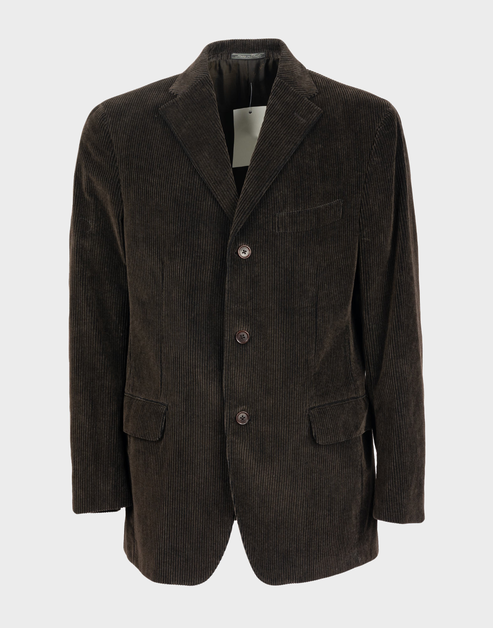 Brown corduroy men's jacket with three-button closure and three front pockets