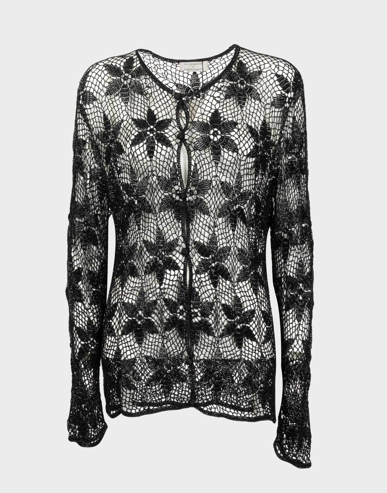 Black Long-Sleeve Perforated Cardigan with Floral Pattern