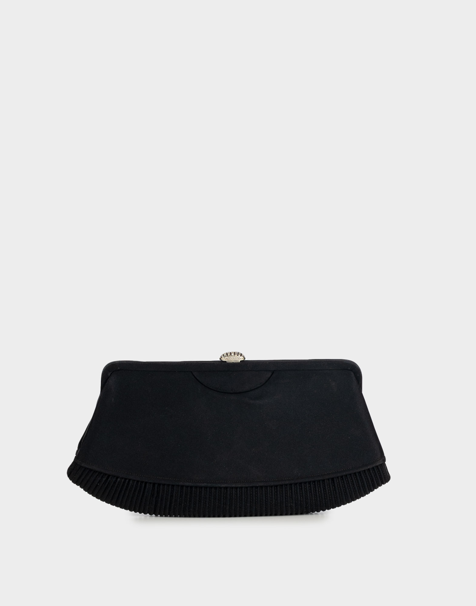 Black velvet Gucci handbag with an oval shape, embossed bottom details, and a jewel clasp closure.