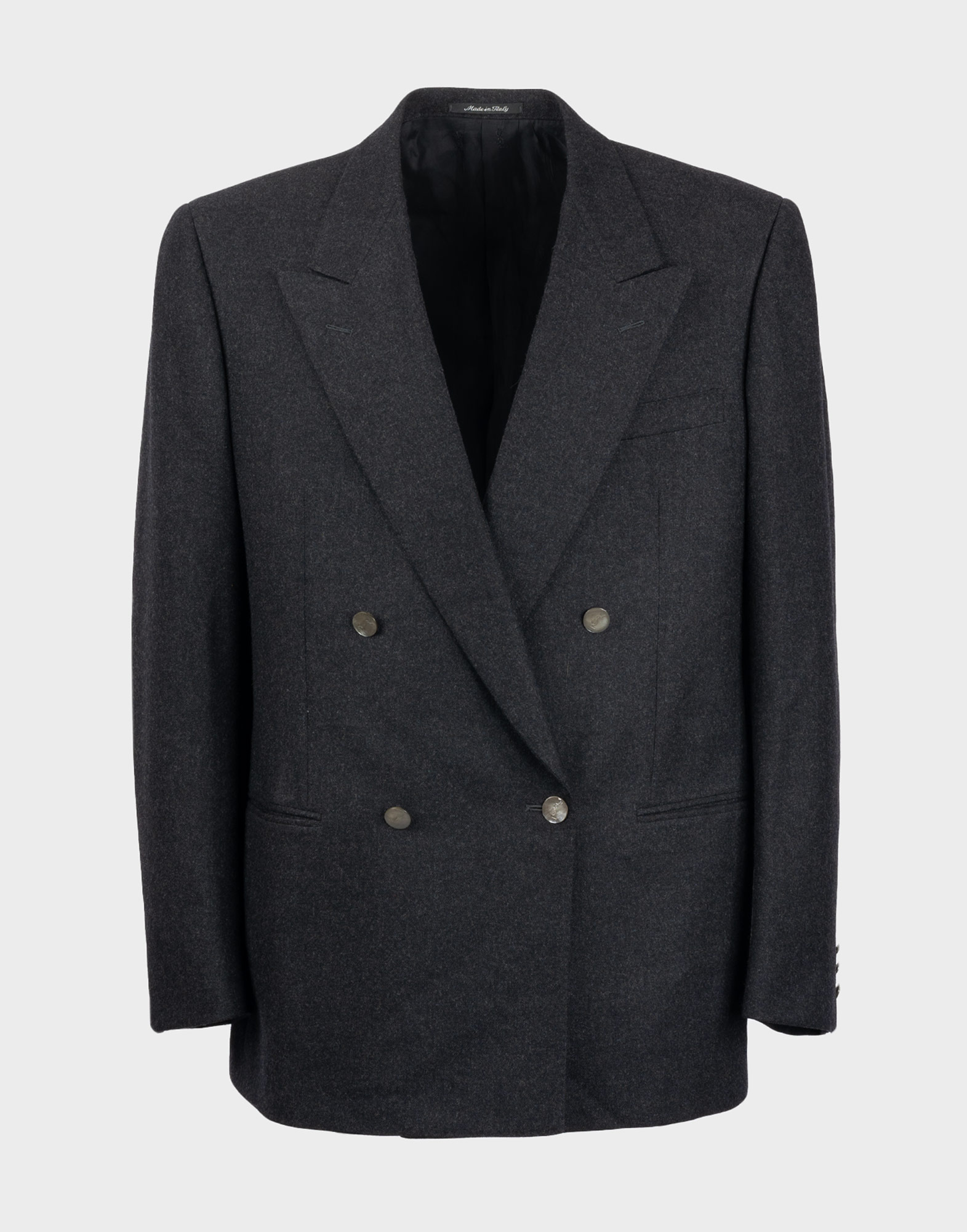 Men's gray wool double-breasted jacket, front button closure with YSL monogrammed buttons