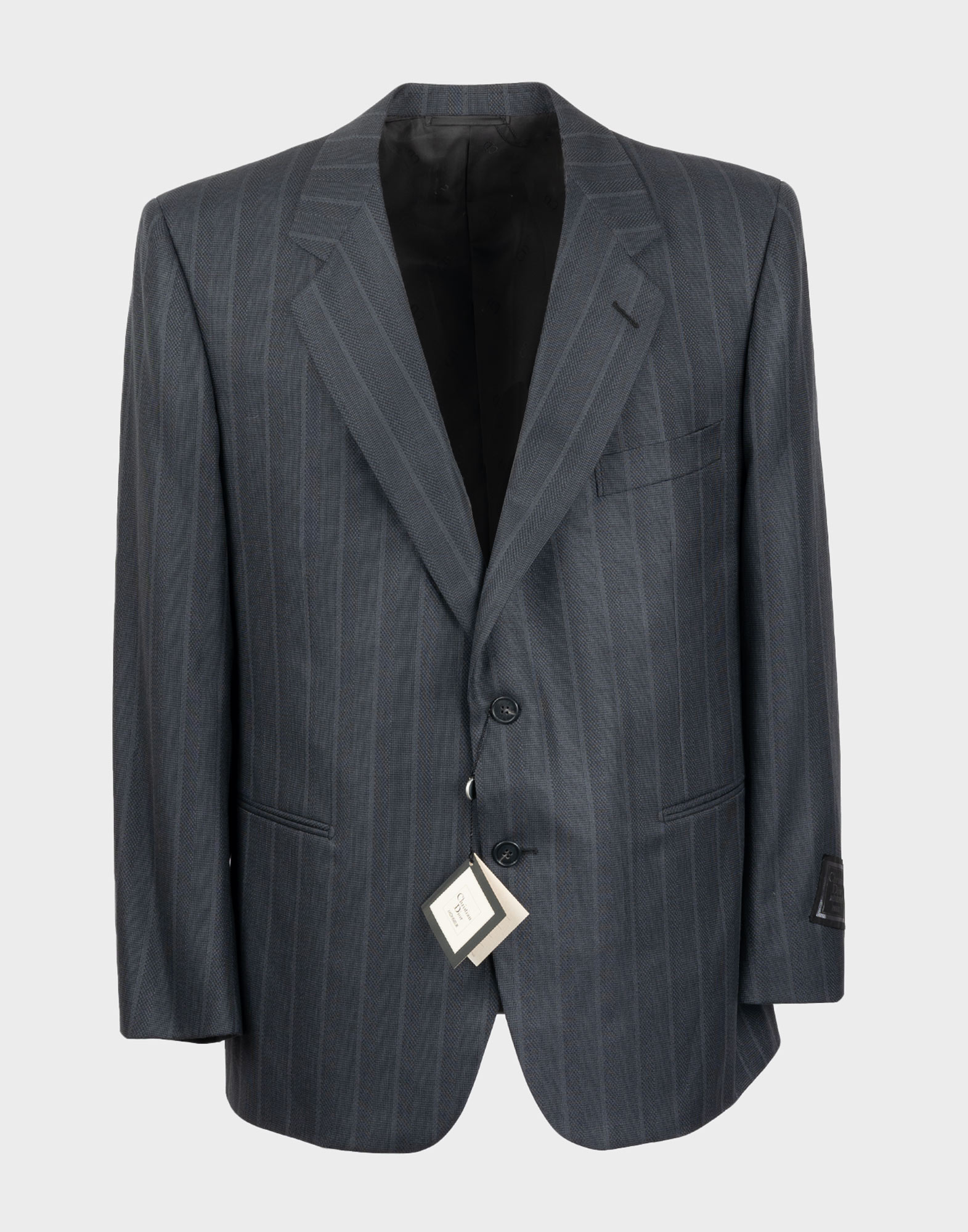 Christian Dior Monsieur men's single-breasted gray and blue jacket with a vertical striped pattern.