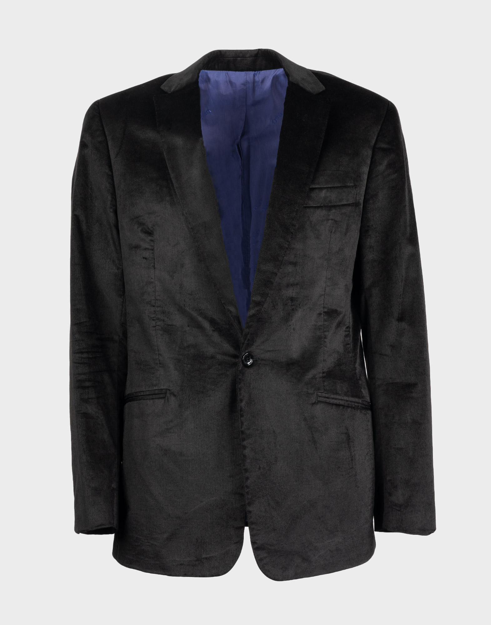 Men's black velvet single-breasted jacket, featuring a single black button closure, a deep V-neck, and a purple internal lining.