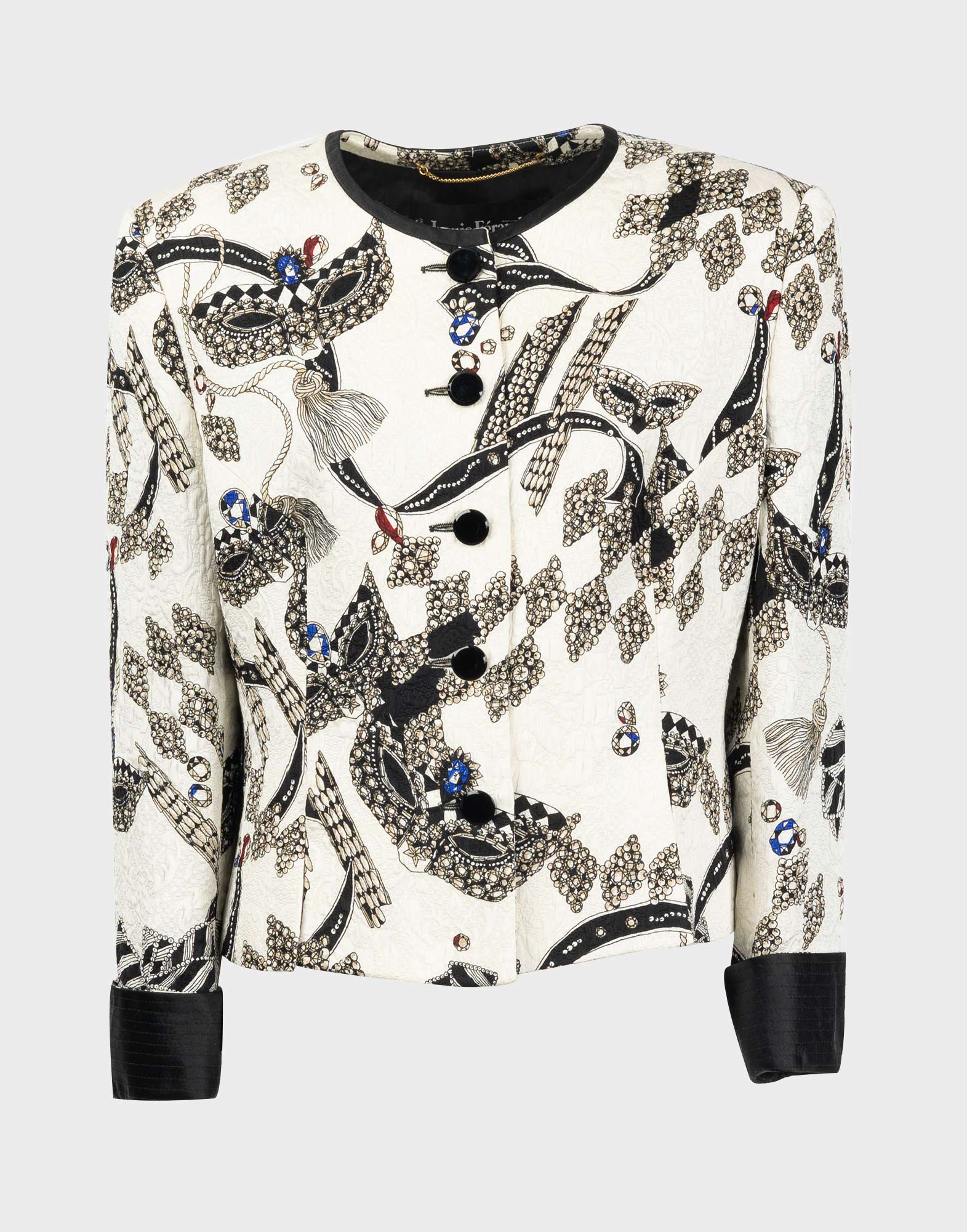 Short white women's jacket in silk with a black carnival mask print, black buttons, and contrasting black cuffs.