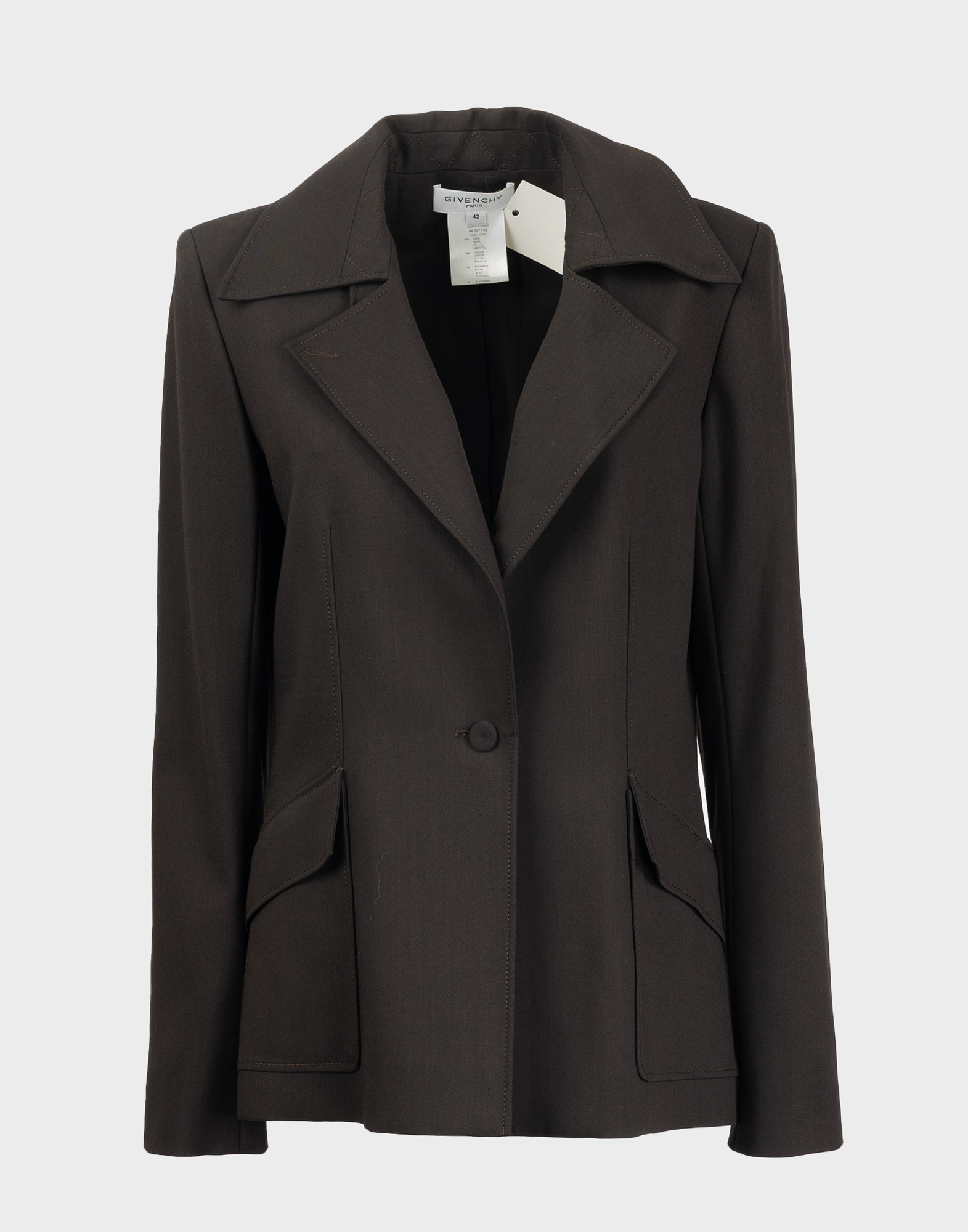 blazer marrone da donna a maniche lunghe, chiusura anteriore con bottone unico e due tasche laterali, scollo a V