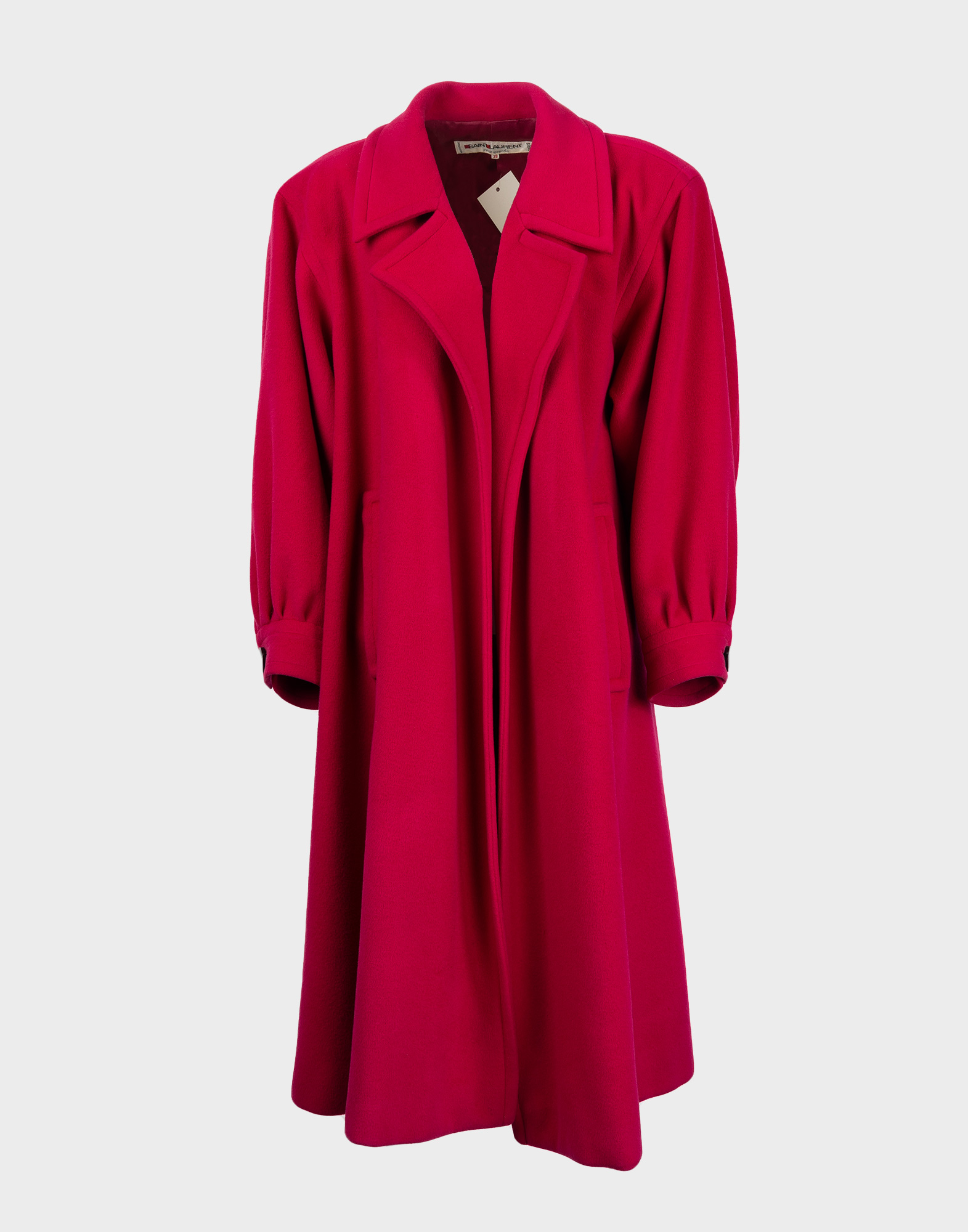 cappotto midi saint laurent fucsia senza bottoni modello oversize anni '80 con maniche a sbuffo