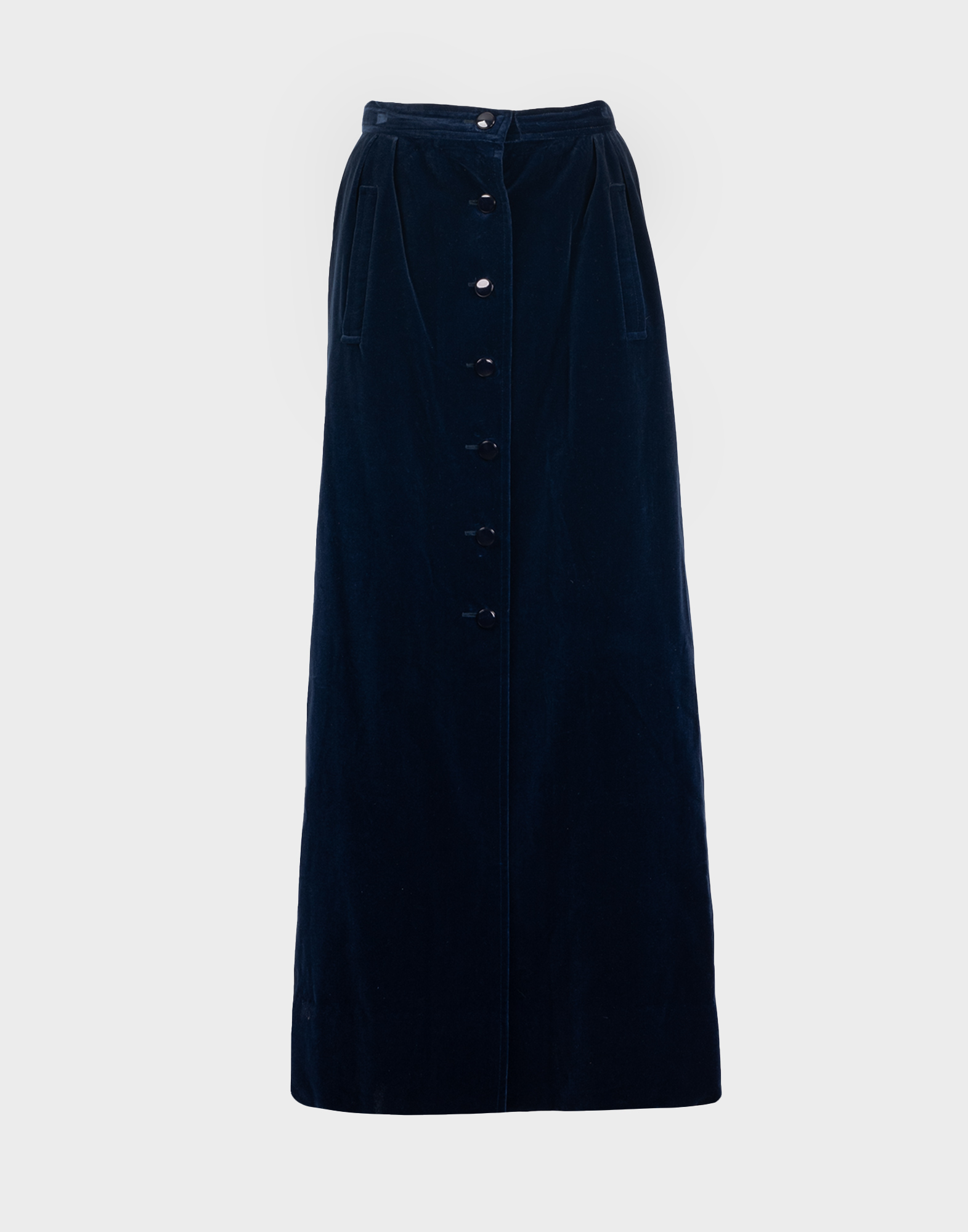 Emanuel Ungaro blue long velvet skirt from the '70s with black buttons on the front and two side pockets.