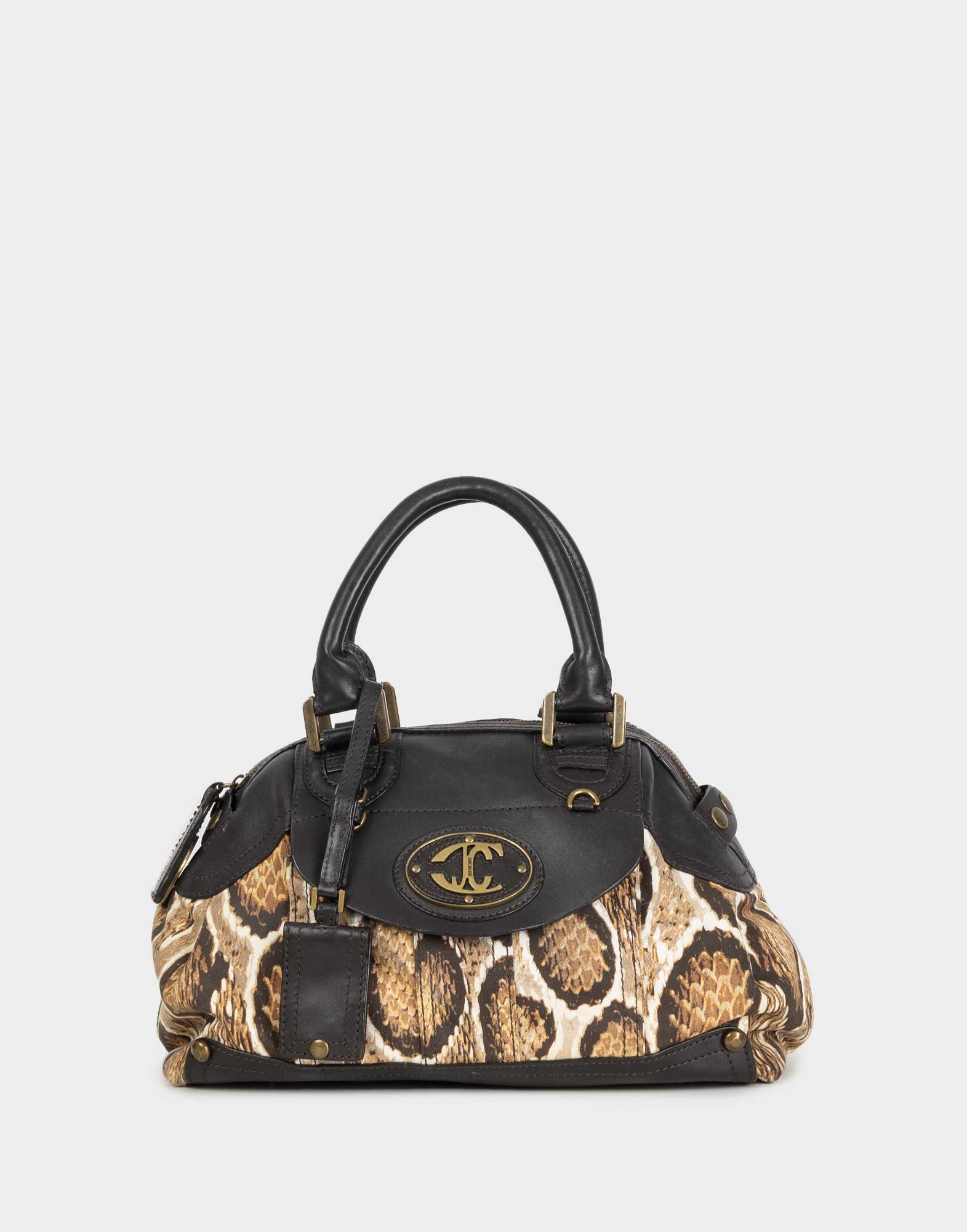 borsa da giorno in pelle marrone con tessuto fantasia animalier, doppio manico e targhetta sul davanti