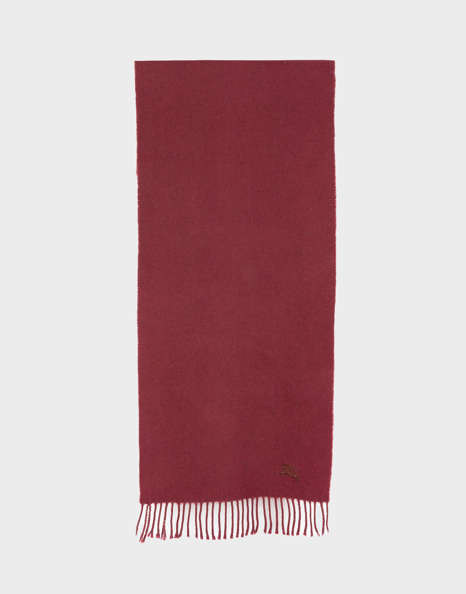 sciarpa bordeaux firmata burberry in cashmere con logo ricamato in basso a destra tono su tono