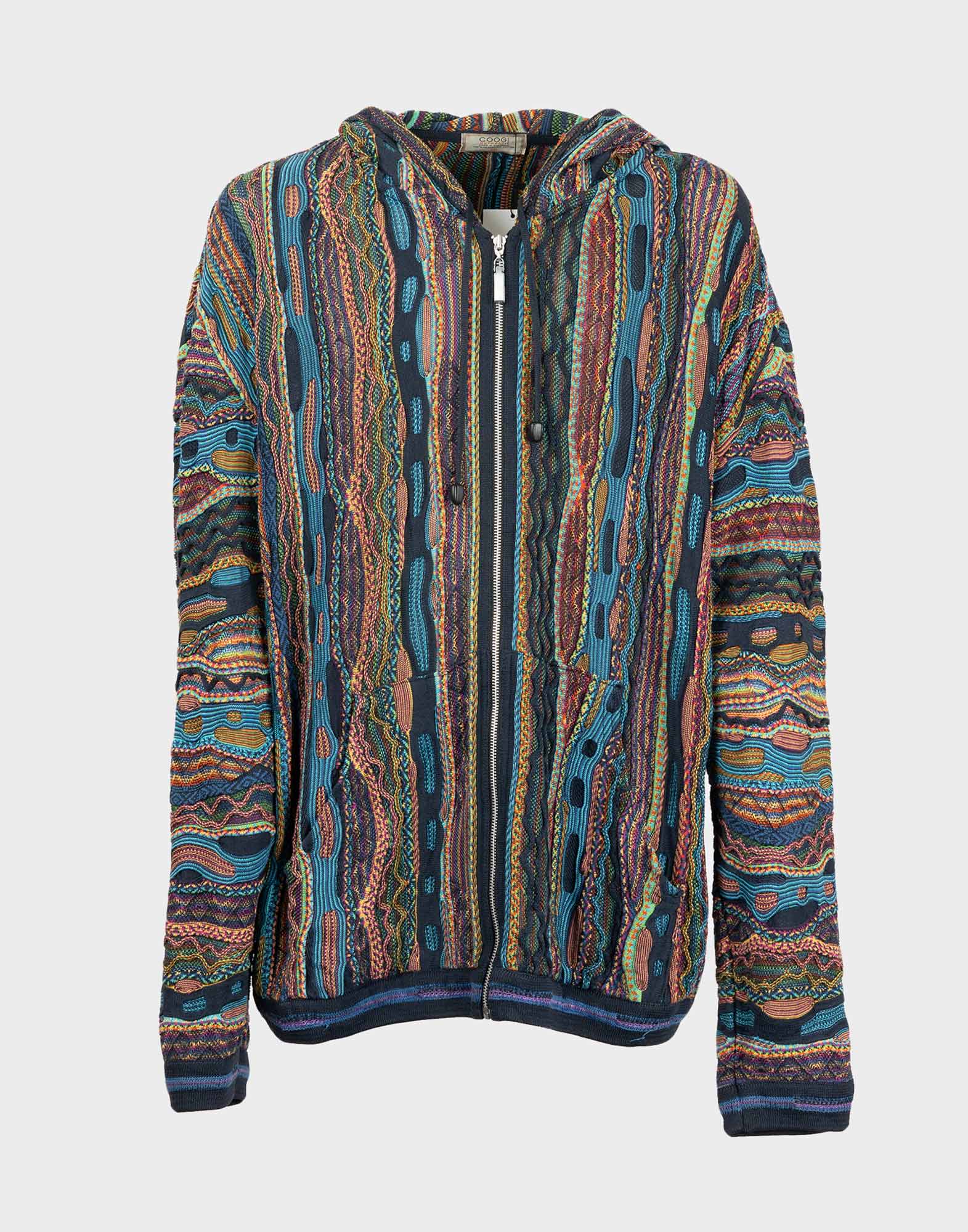 cardigan da uomo coogi in lana con cappuccio fantasia multicolore, chiusura anteriore con cerniera di colore argento