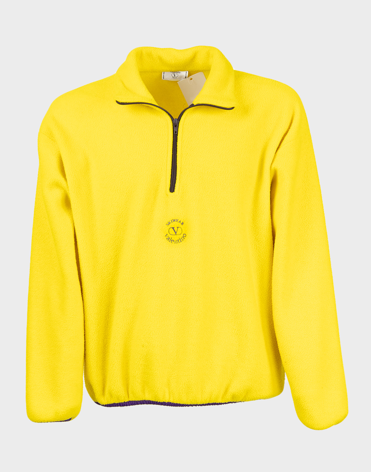 men's long-sleeved fleece yellow sweatshirt with blue half zipper on the front and valentino skiwear logo embroidered on the chest