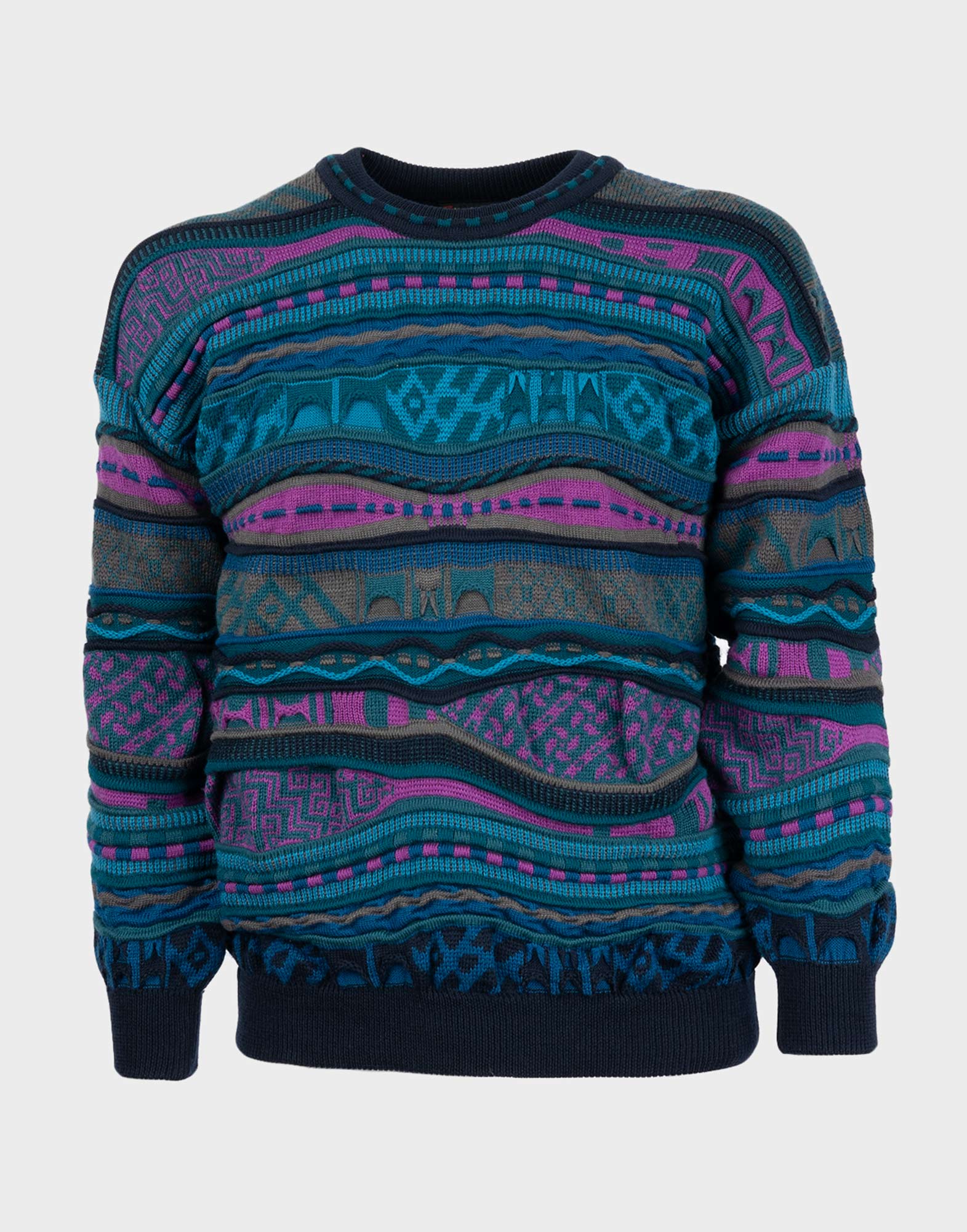 signed emaroo men's vintage sweater in blue and purple with multicolored coogi style pattern