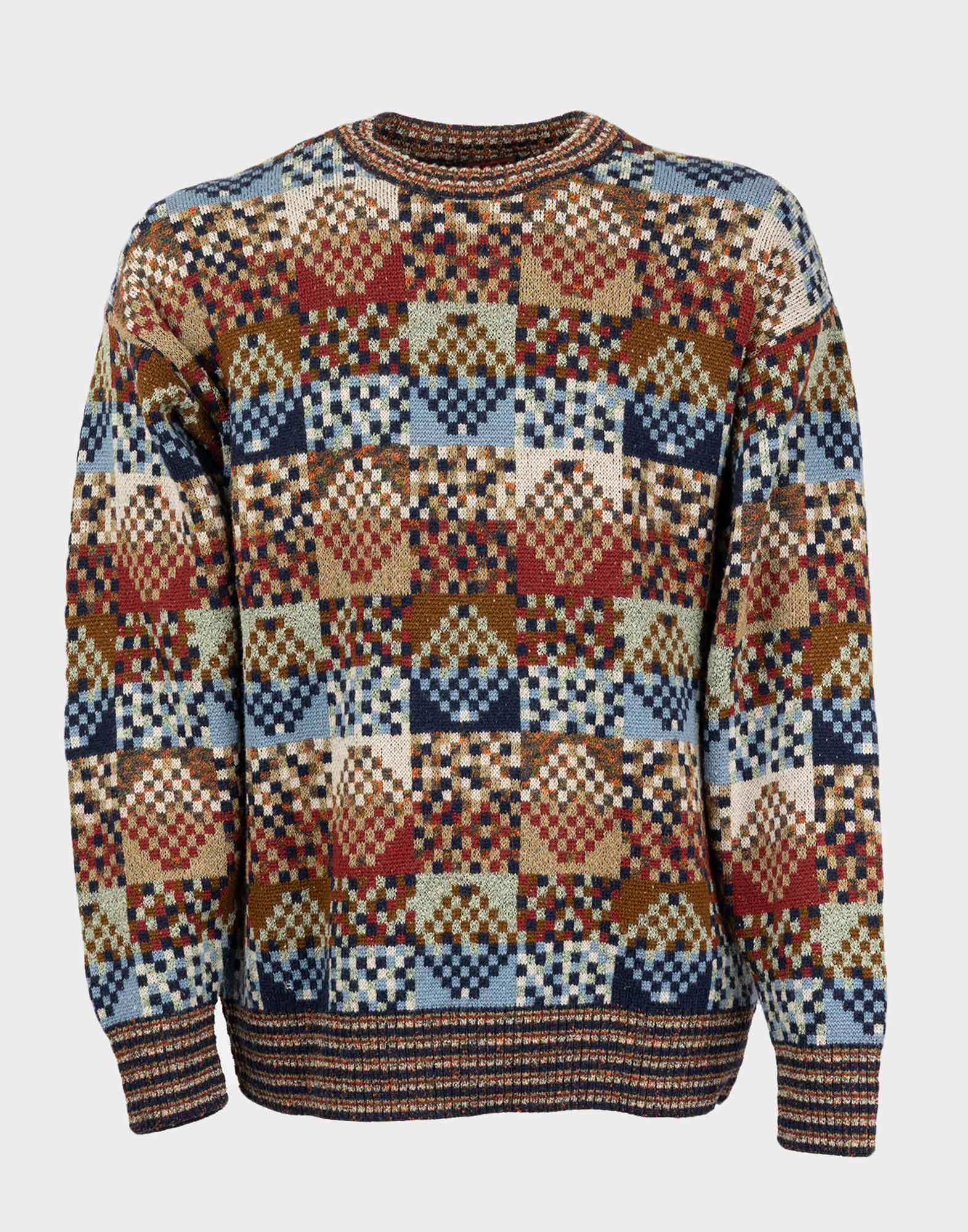 Men's cotton crew neck sweater with multicolor geometric pattern