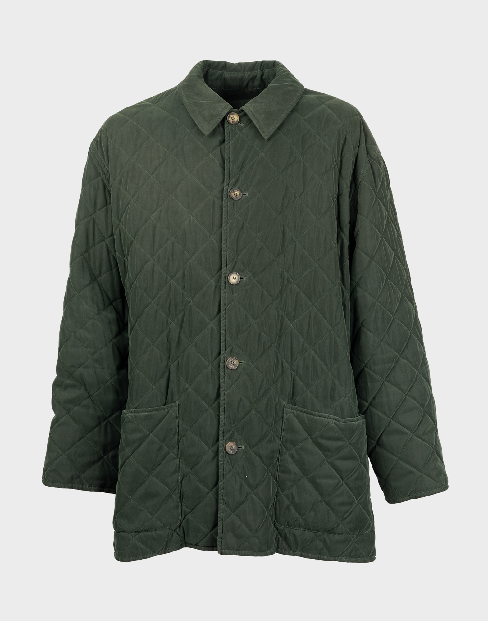 Green hermes quilt for men made of silk with pointed collar, front button closure, two front pockets